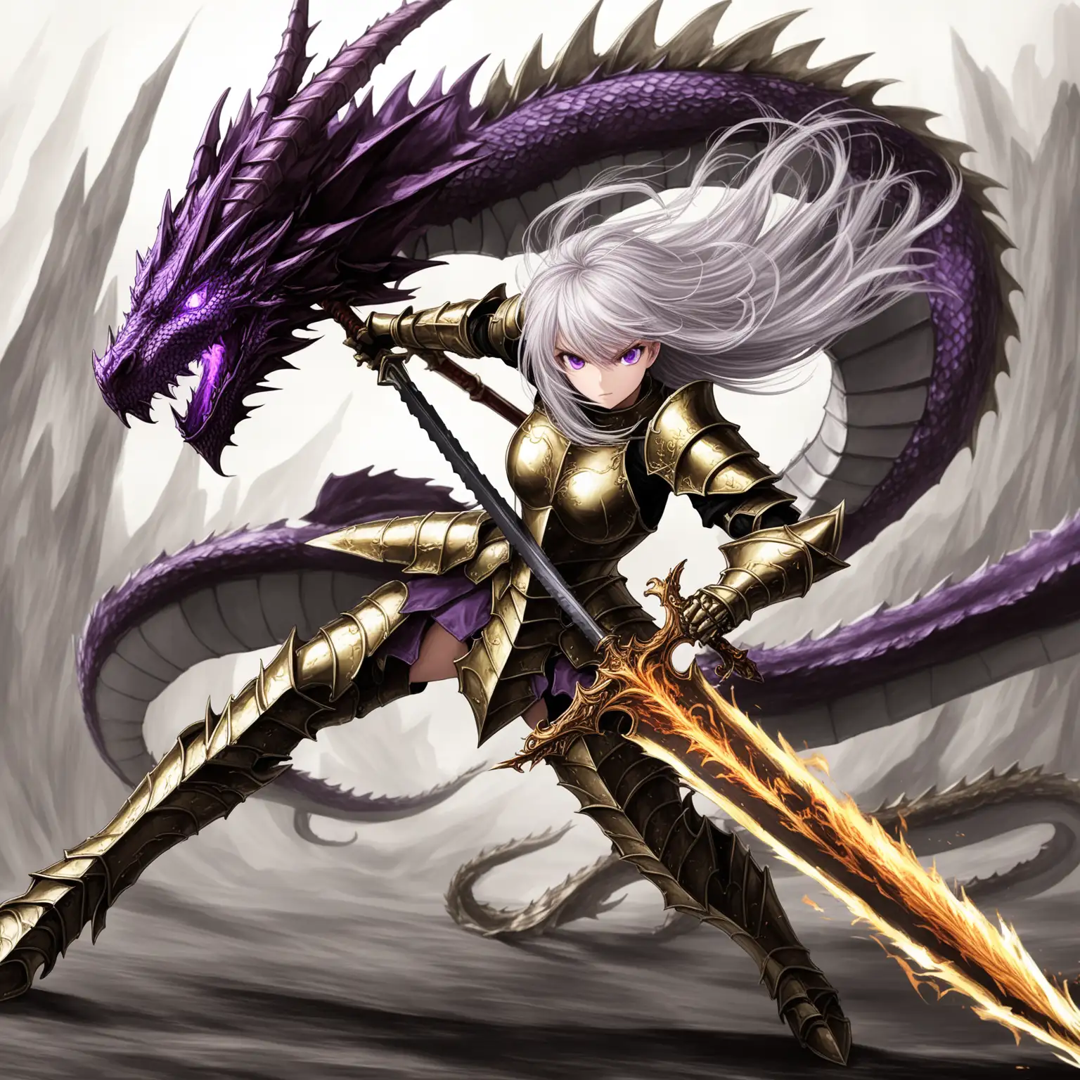 female, dragon slayer, wielding large sword, gold and black full plate armor, platinum hair, purple eyes, dynamic pose