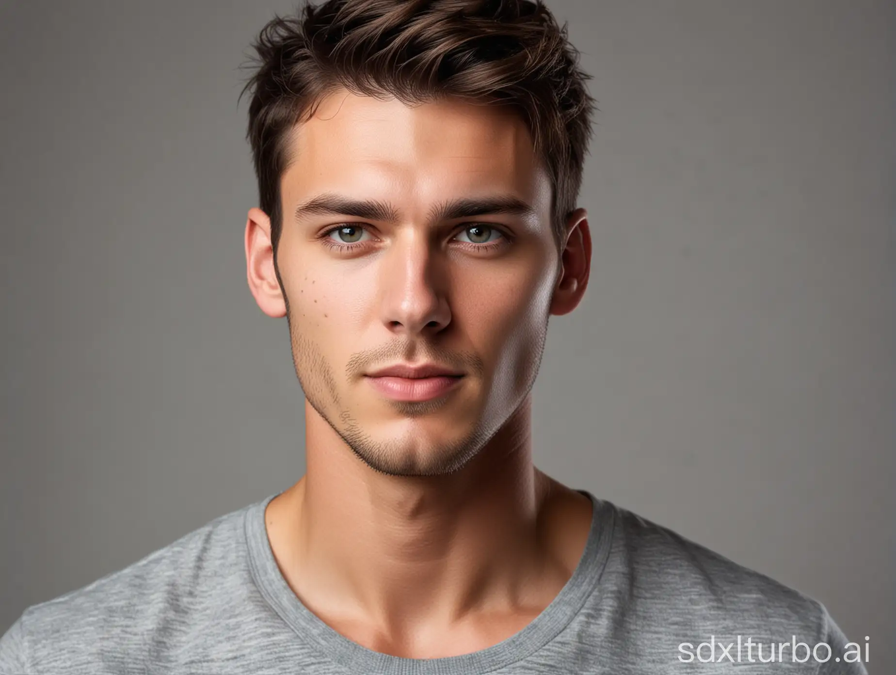 Headshot of an interesting male model looking directly at the camera in flat lighting with no shadows