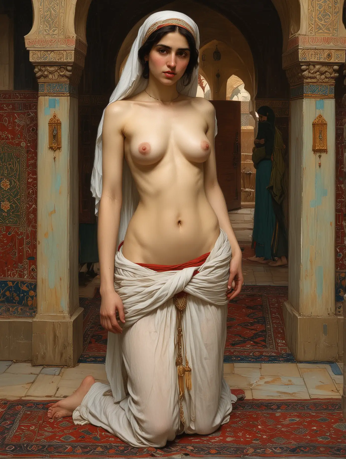 John William Waterhouse painting of Muslim woman topless in mosque.