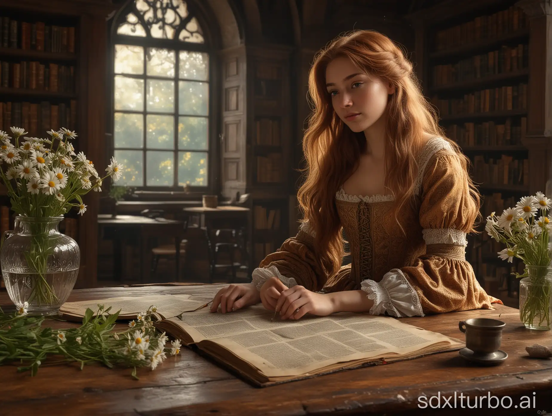 A beautiful girl of about 22 with russet long a bit wavy hair, in a lovely medieval dress is sitting at an antique table in an ancient library reading an ancient manuscript, and on the table is a vase with field daisies, perfect composition, beautiful detailed intricate insanely detailed octane render trending on artstation, 8 k, photorealistic concept art, soft natural volumetric cinematic perfect light, chiaroscuro, masterpiece, greg rutkowski
