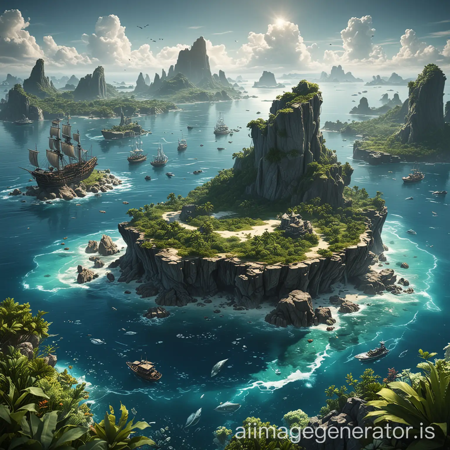 Crystal Sea Domain: ocean region surrounding islands, with numerous islets and reefs, suitable for underwater exploration and pirate battles.