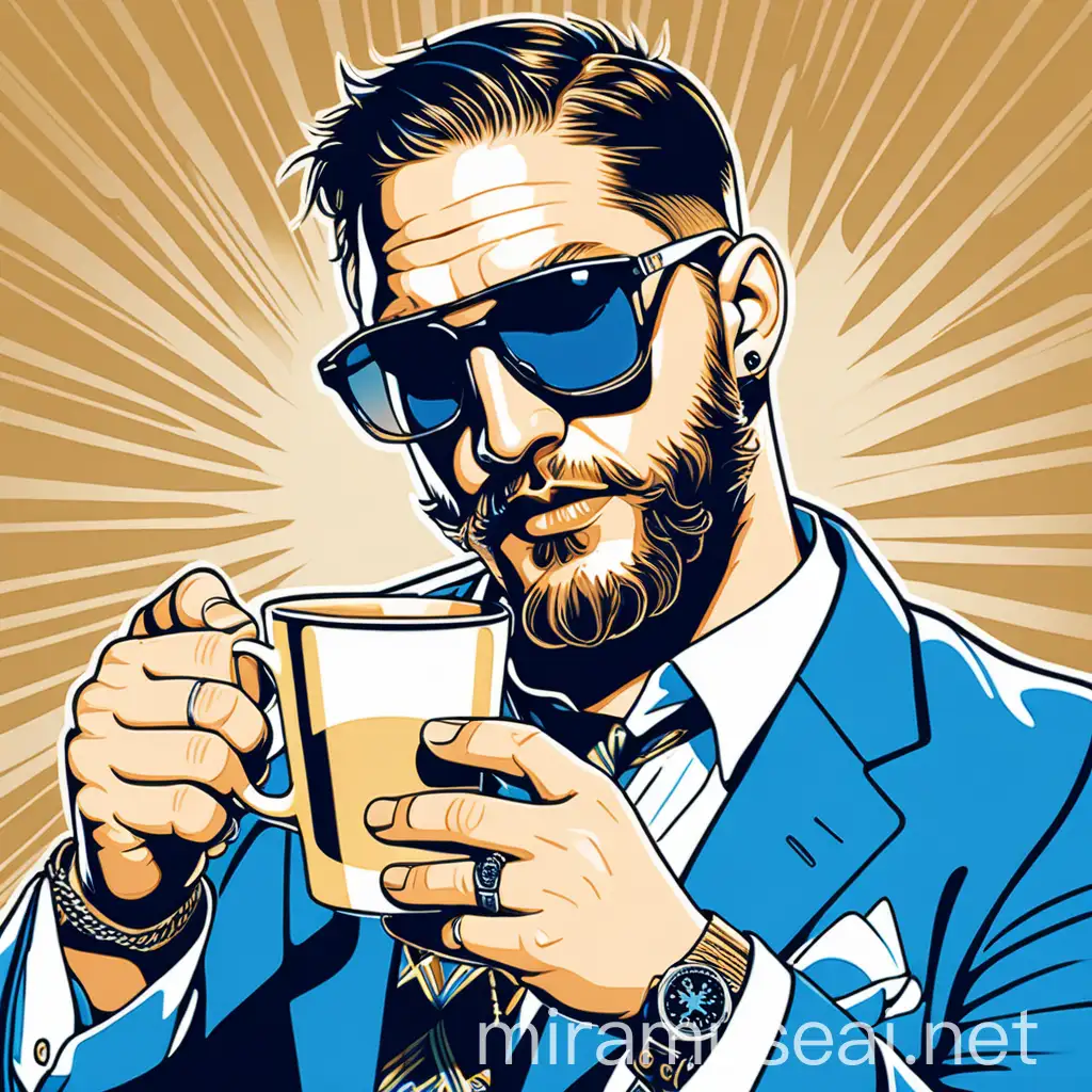Tom Hardy Holding Coffee Cup with Golden Prophet in Retro Style Artwork