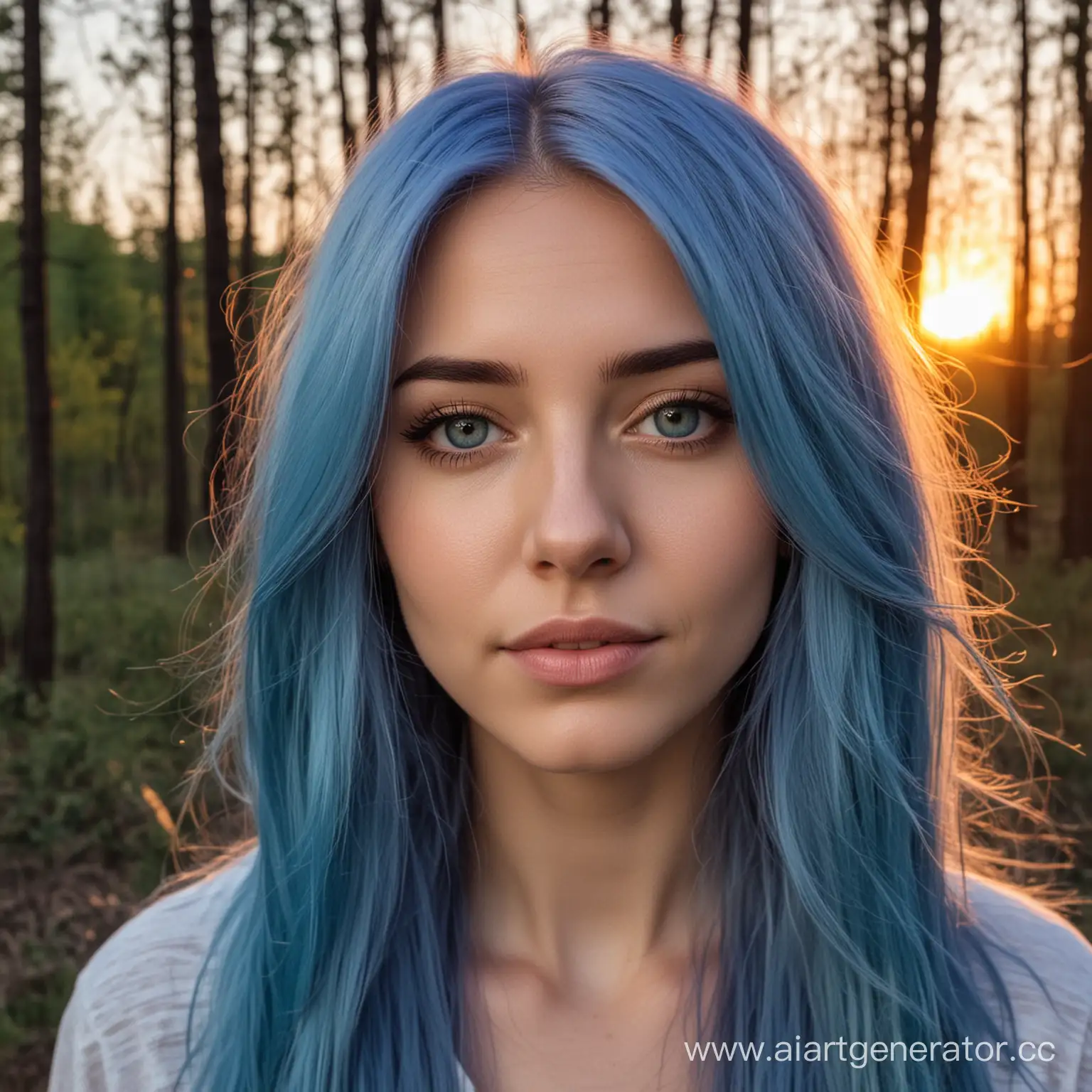 Enchanting-Girl-with-Long-Blue-Hair-in-Forest-Sunset-Portrait