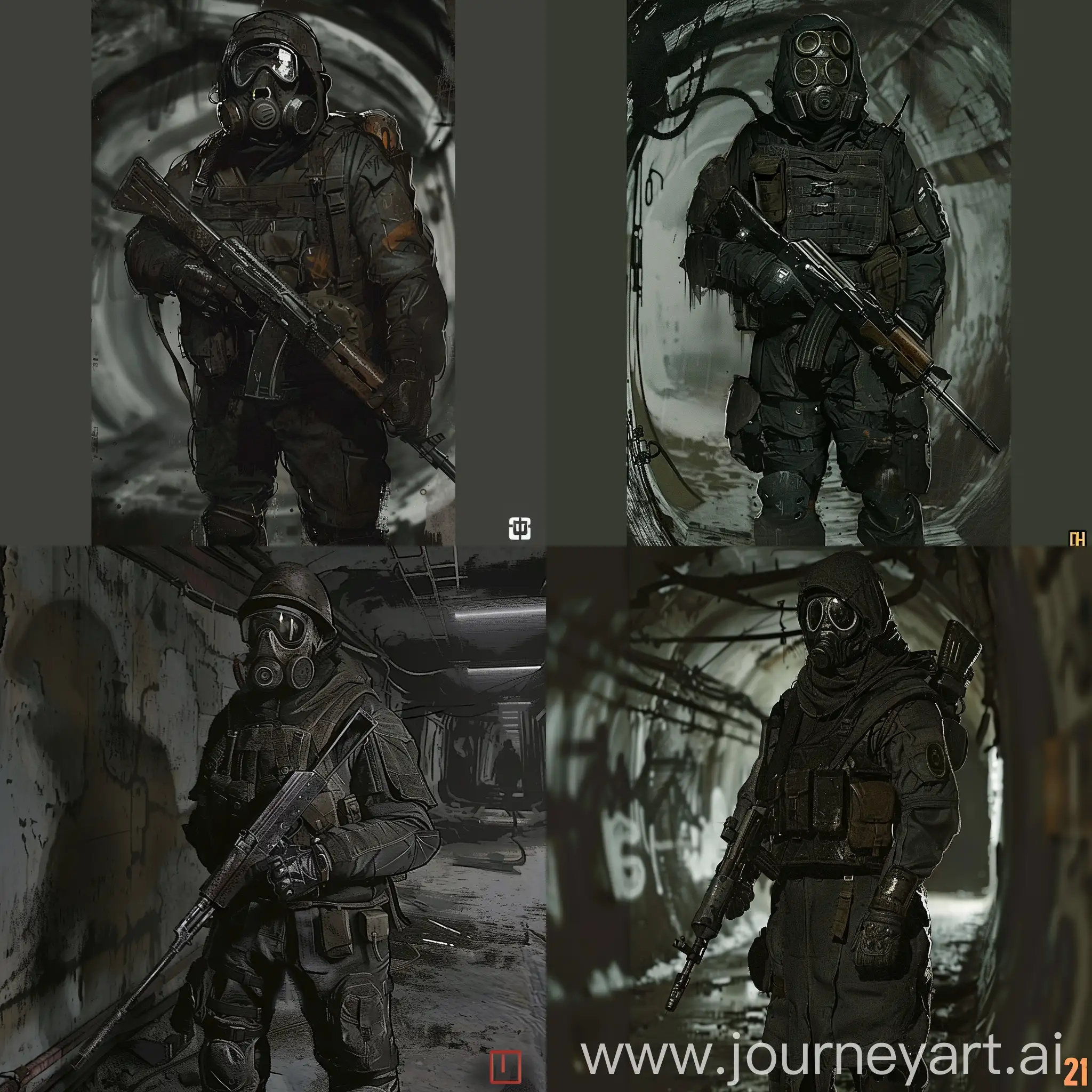 Metro 2033, survivor stand in post-apocalyptic armor and gasmask in a dirty and abandoned catacombs, he hold an old Soviet sniper rifle with both hands, lack of light sources, darkness, despondency, tension.