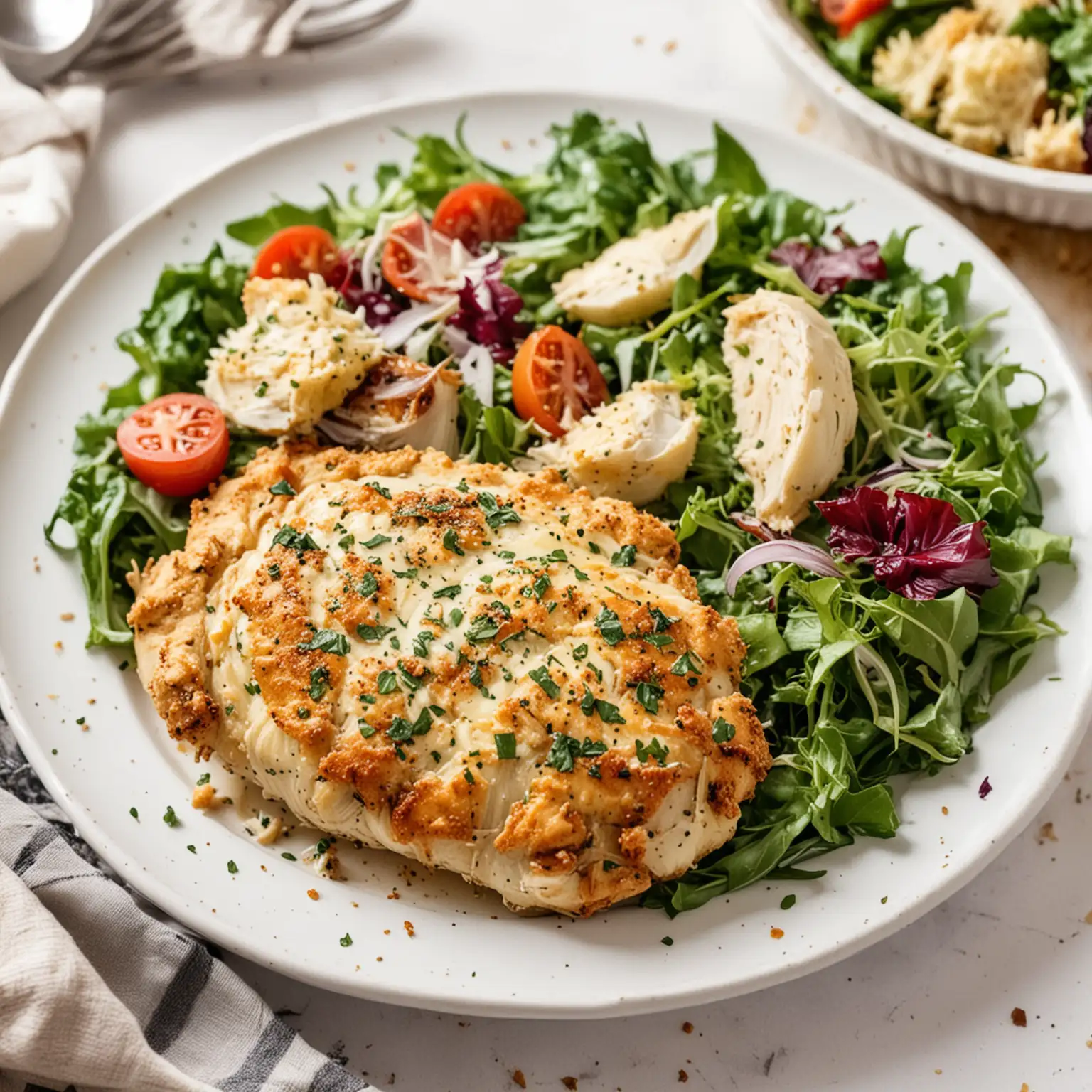 Baked Garlic Parmesan Chicken in a plate with salad
