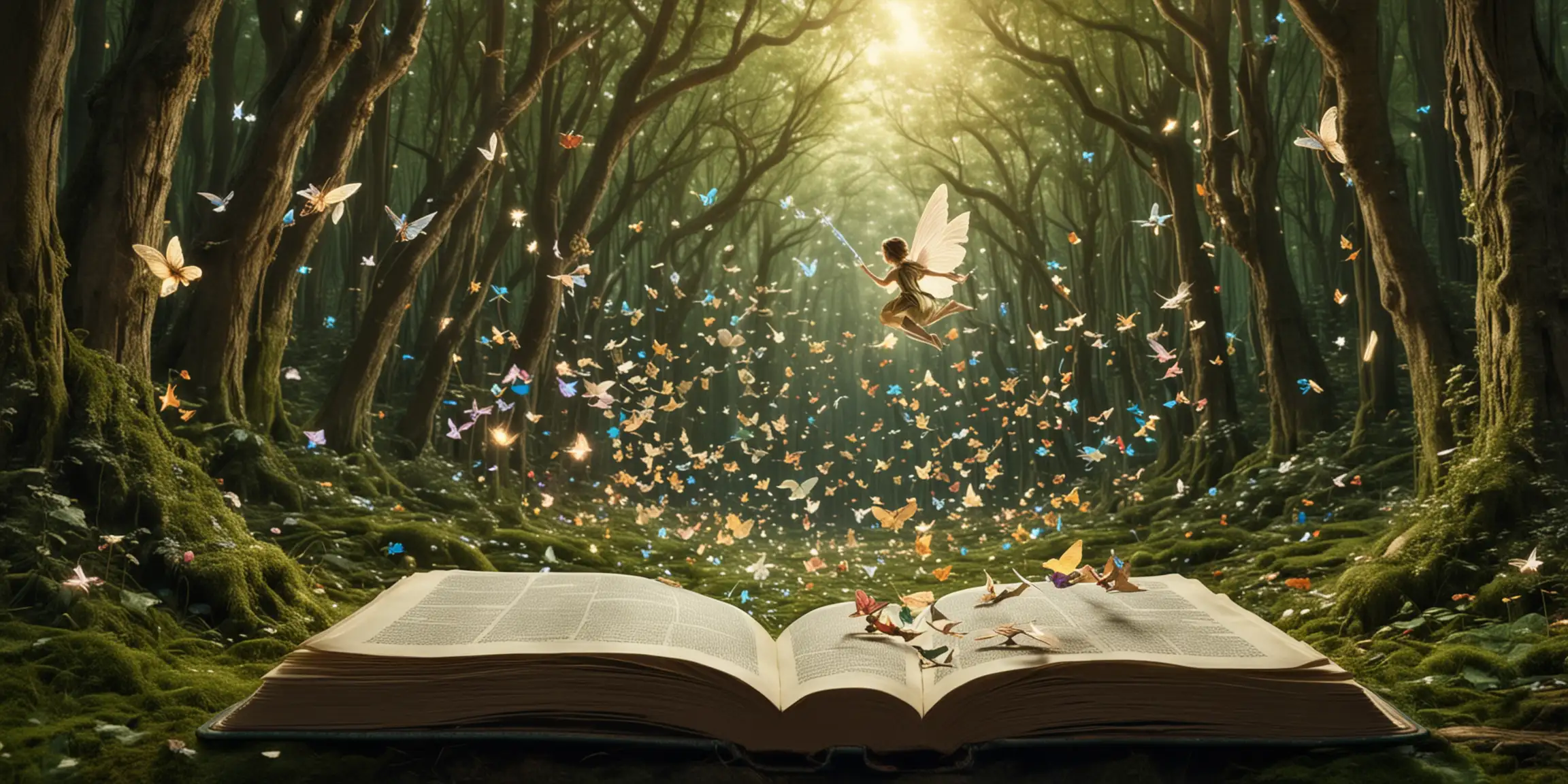 A open book flying thru a forest of fairies w
