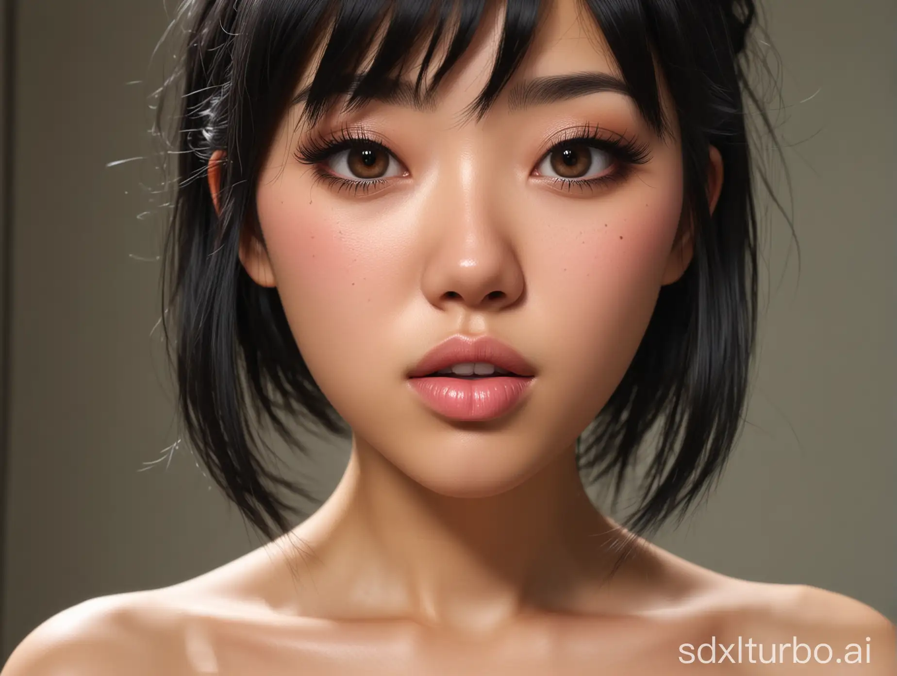 Realistic-Asian-Woman-with-Black-Hair-Gazing-into-Mirror