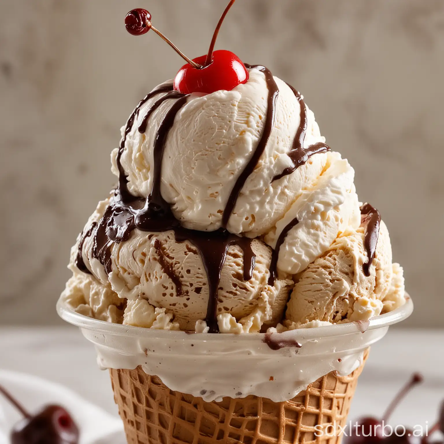 A close-up of a delicious-looking ice cream sundae. The sundae is made with a scoop of chocolate ice cream, a scoop of vanilla ice cream, whipped cream, chocolate sauce, and a cherry.