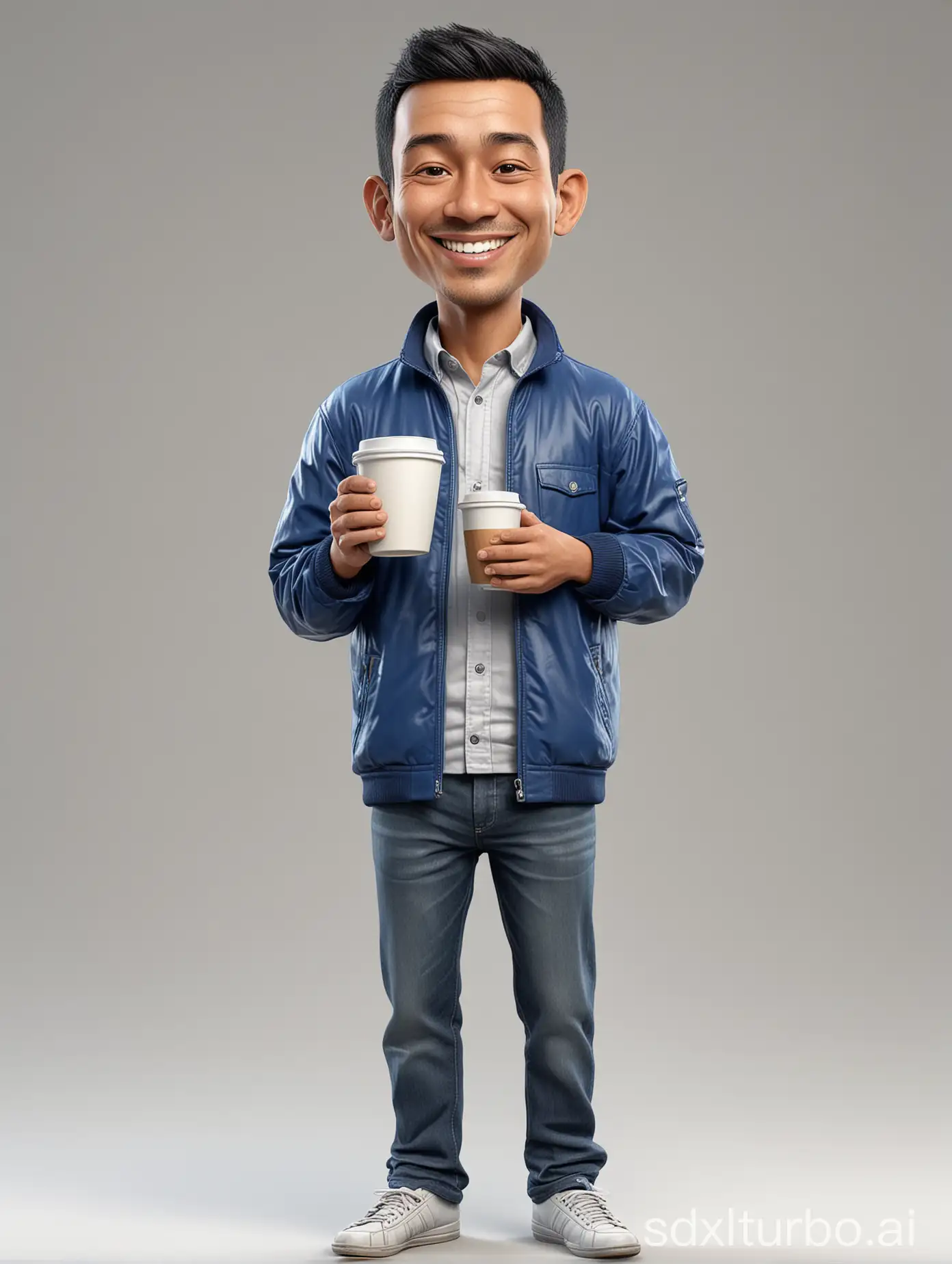 Full body, Caricature of Indonesian man, medium body size, thin hair, smiling expression, standing, holding a cup filled with coffee, wearing a blue sport jacket, white background. Big head size. Realistic. 3D. HD