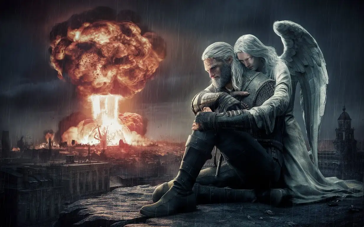 nuclear bomb explosion goes nuclear explosion goes wave from nuclear explosion megapolis gets destroyed by atomic bomb and horrible atmosphere dead city goes rain Geralt sad face cries and looks at nuclear explosion kneeling and no hope for survival and next to him stands sad angel embraces Geralt sad atmosphere