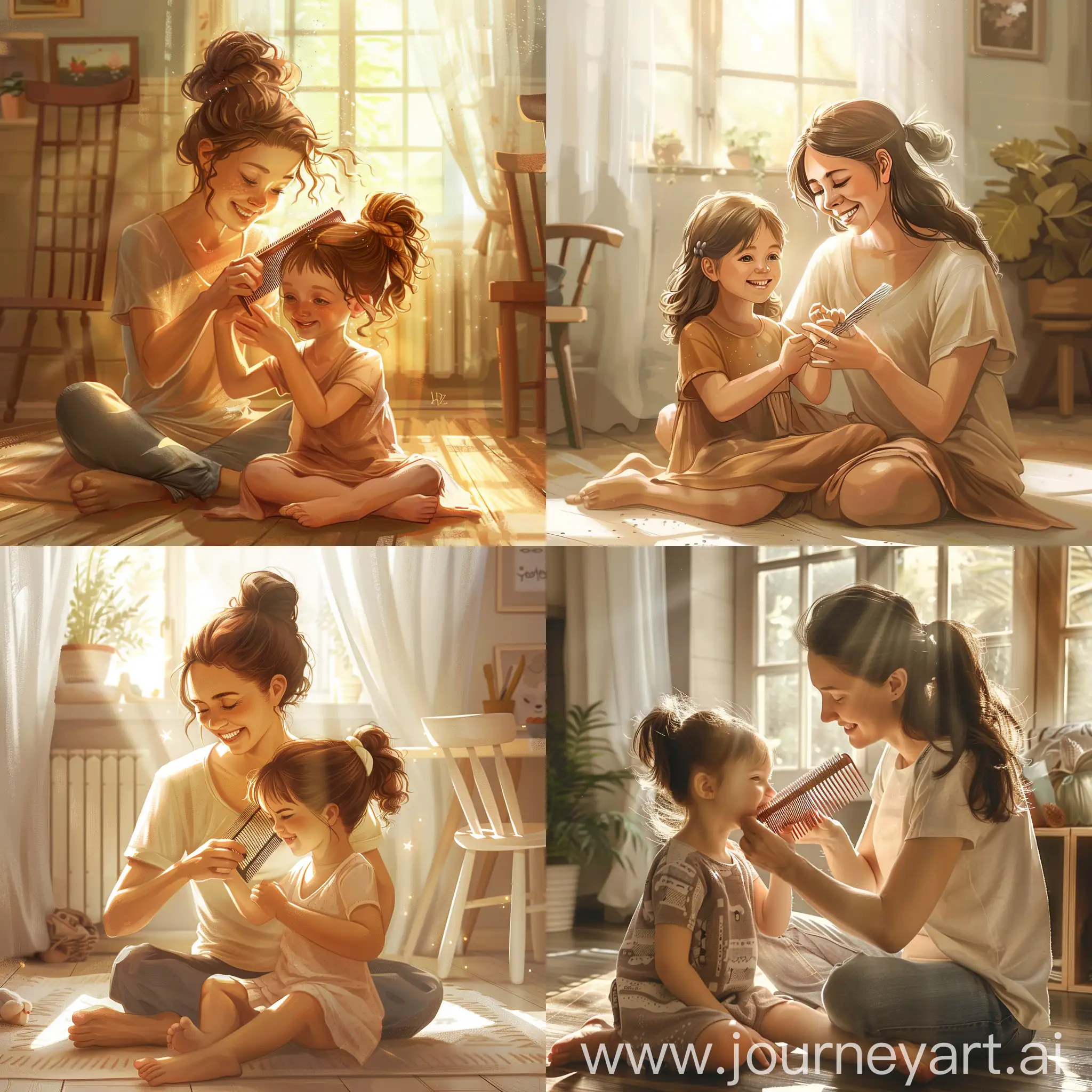 Happy-Mother-Combing-Daughters-Hair-in-Sunlit-Room