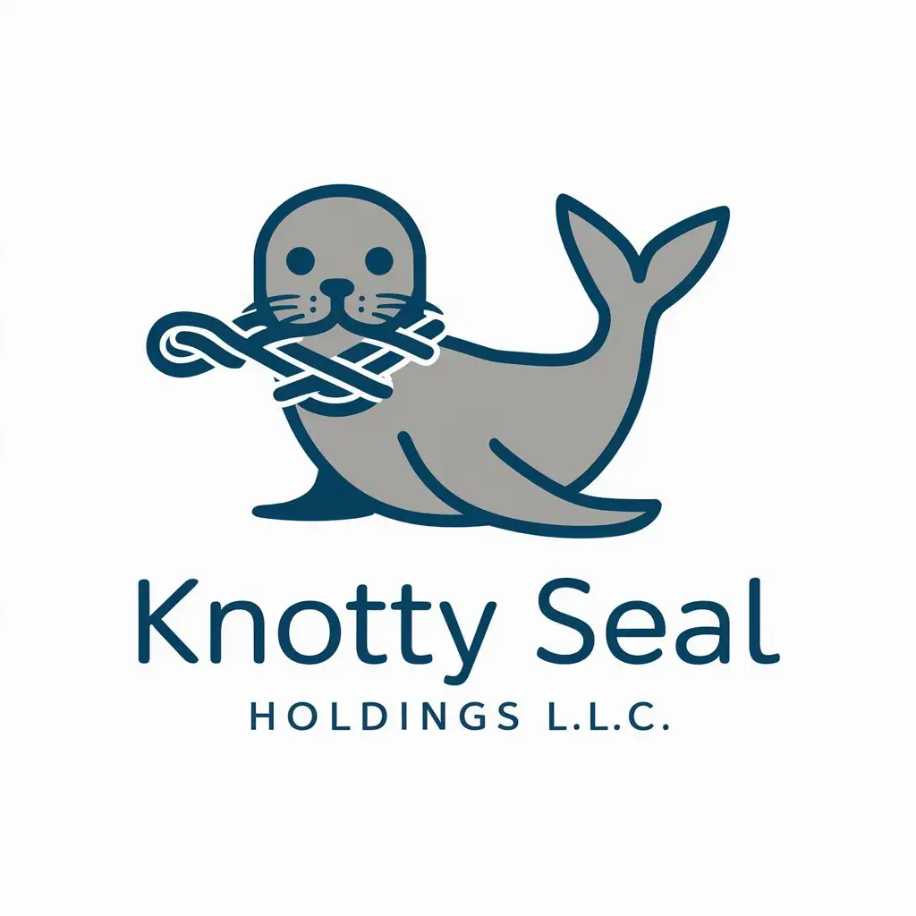 Create a logo for an agency named 'Knotty Seal Holdings' with the slogan 'L.L.C'. The logo should have a seal animal and a Diamond Knot (Lanyard Knot). The color scheme should be blue/gray and suitable for a white background. The design needs to be simple yet professional.