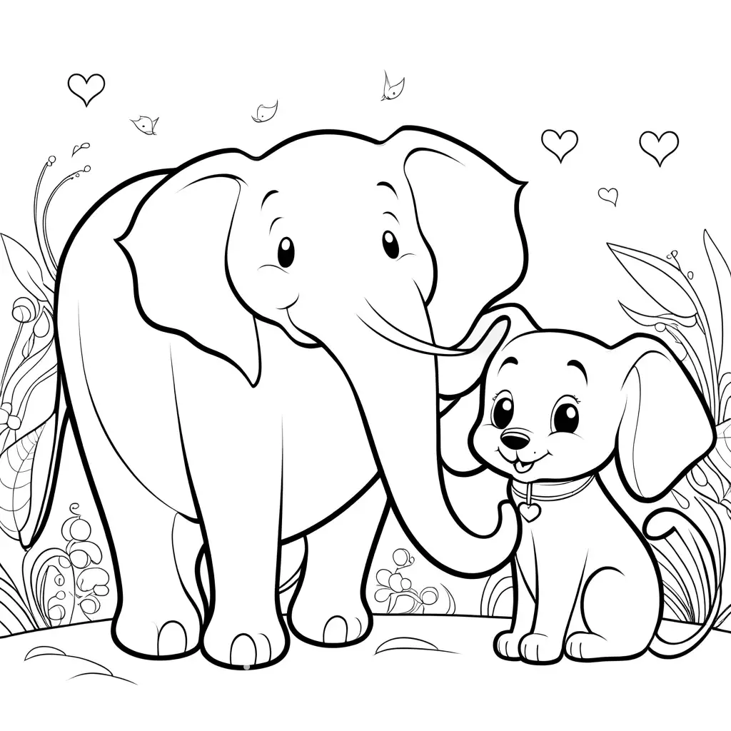 happy dog and cat thanking an elephant , Coloring Page, black and white, line art, white background, Simplicity, Ample White Space