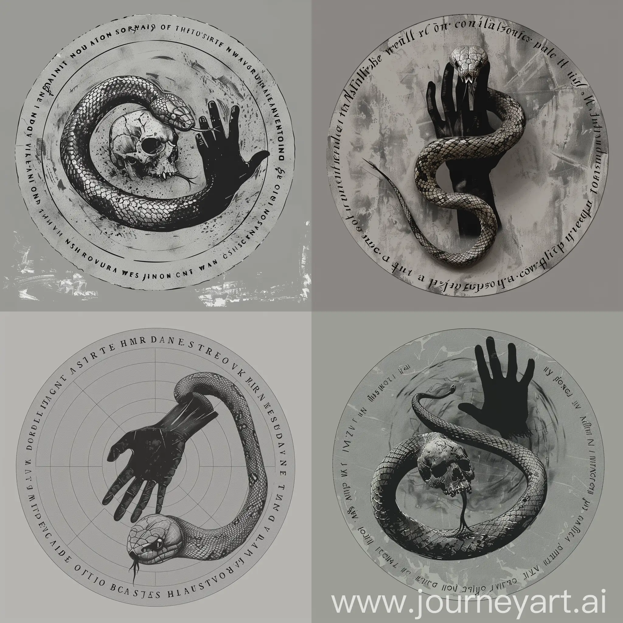 Make a circle with a gray background, and a minimalistic snake skull is located on it, and a black hand is written around the circle