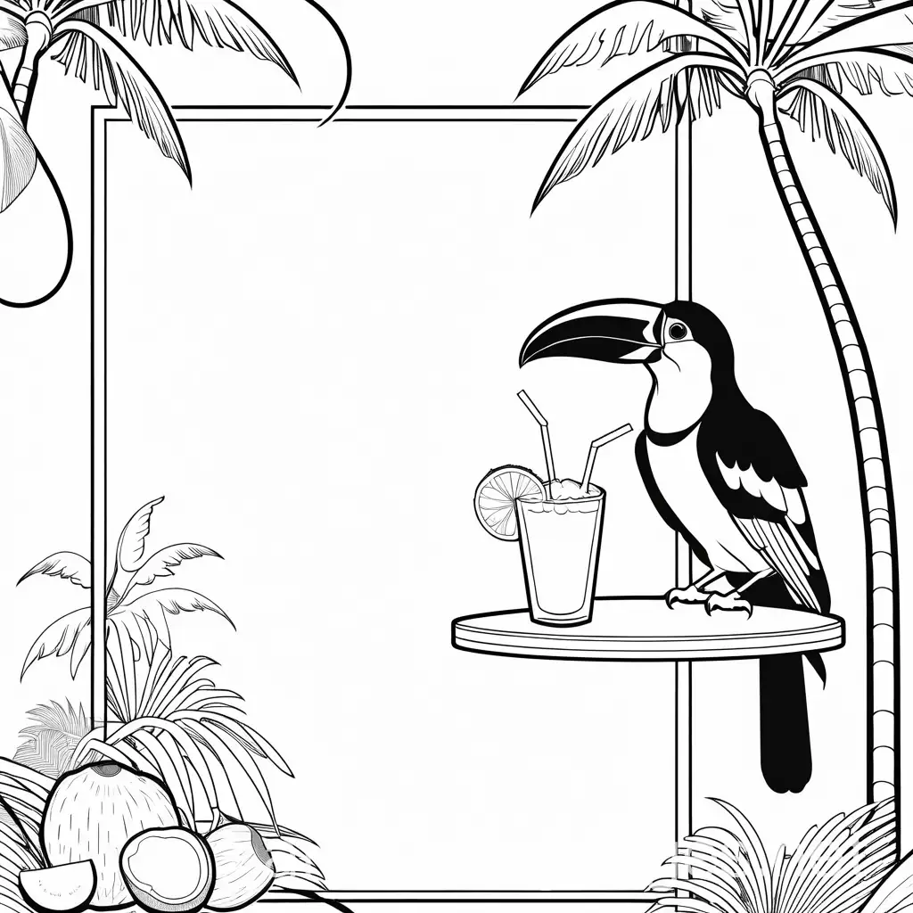 A toucan reading a book under a coconut tree with a fruity drink beside it., Coloring Page, black and white, line art, white background, Simplicity, Ample White Space. The background of the coloring page is plain white to make it easy for young children to color within the lines. The outlines of all the subjects are easy to distinguish, making it simple for kids to color without too much difficulty