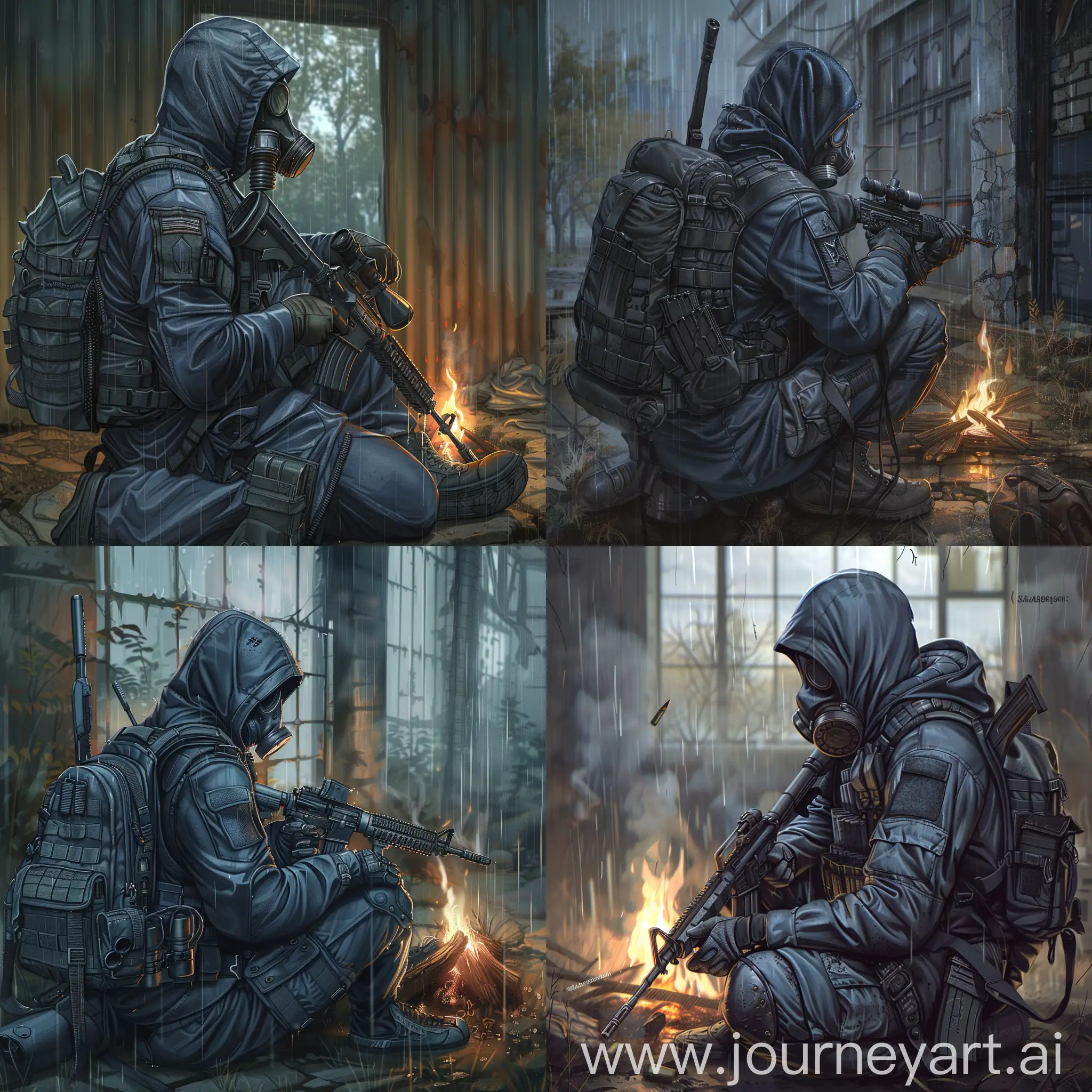 Digital art is a lone mercenary from the universe of S.T.A.L.K.E.R., dressed in a dark blue military raincoat, gray military armor on his body, a gasmask on his face, a military backpack on his back, a rifle in his hands, he sitting by the campfire inside abandoned soviet bilding, radiation rain, gloomy autumn, evening.