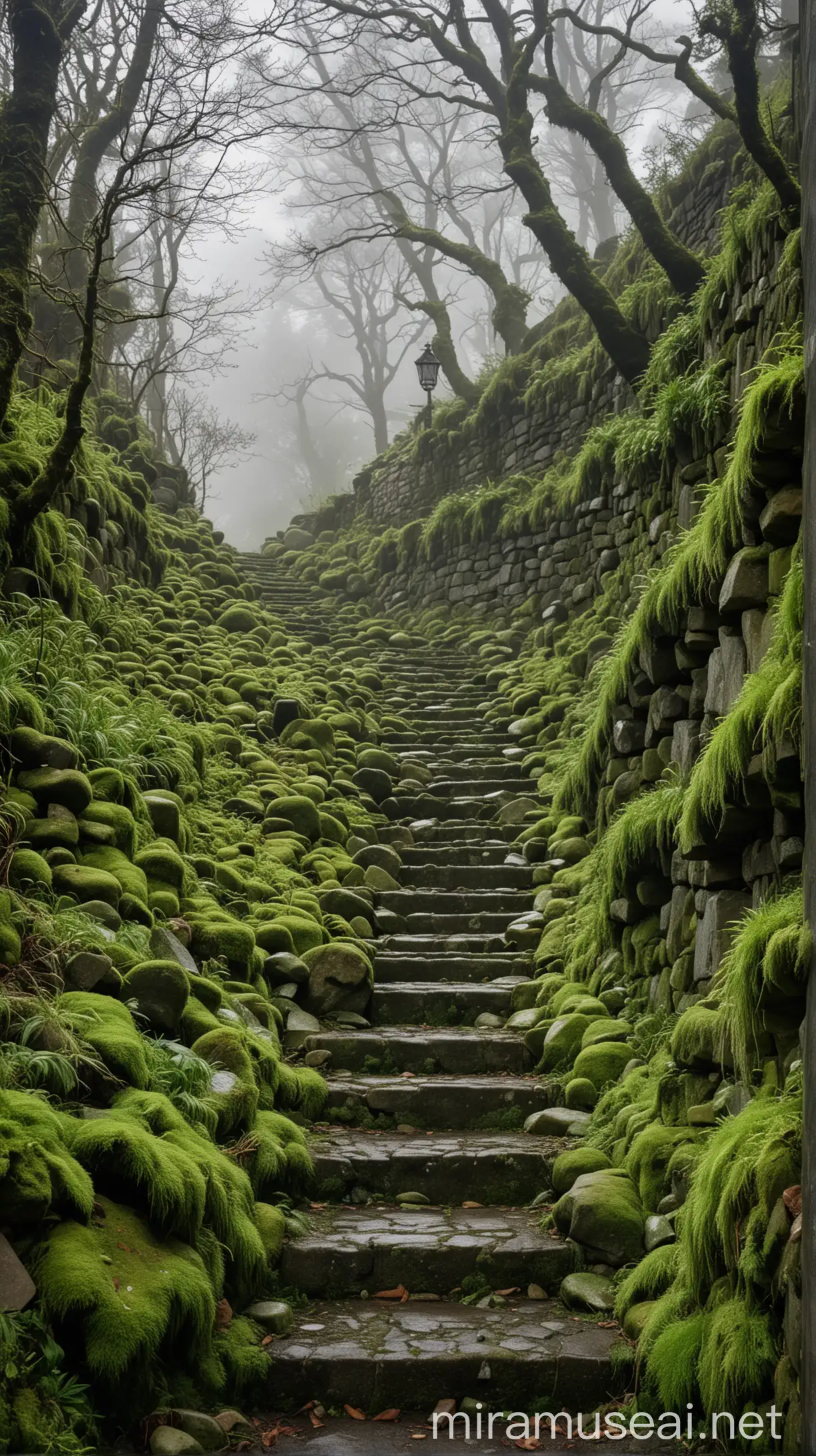 Unas escaleras de piedra cubiertas de musgo verde que vayan hacia una montaña a lo lejos hacia abajo, alrededor con piedras formando un callejón y árboles con hojas verdes con una ligera llovizna y el clima frío con un poco de niebla, nubes oscuras