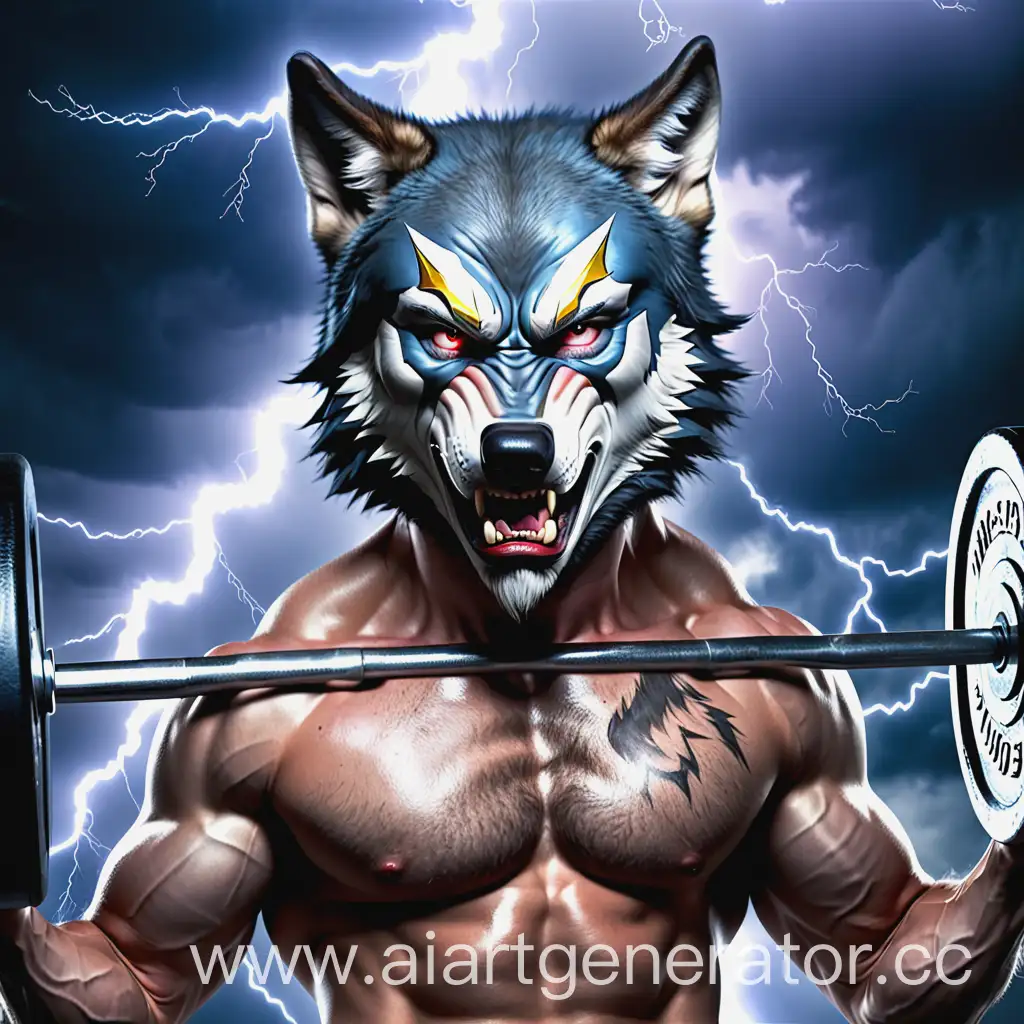 Man-with-Wolfs-Face-Holding-Barbell-on-Lightning-Background