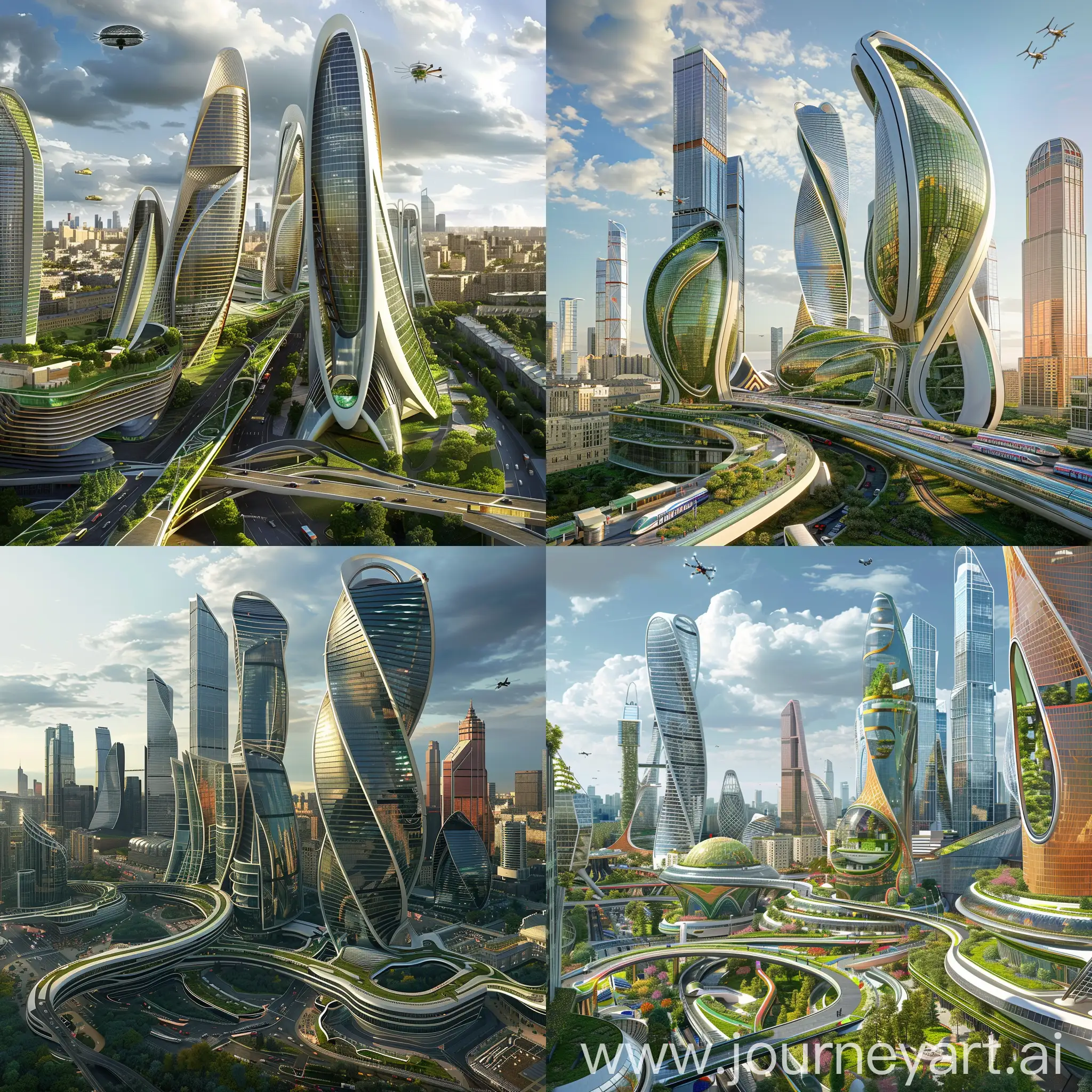 Futuristic Moscow, Dynamic Skyscrapers, Integrated Transportation Hubs, Smart Green Spaces, Augmented Reality Zones, Energy-Generating Pavements, Modular Housing Units, Automated Waste Management, Interactive Public Art, Youth Innovation Labs, Security Drones, Interactive Facades, High-Speed Transit Systems, Drone Delivery Networks, Vertical Gardens, Holographic Signage, Renewable Energy Arrays, Smart Lighting Systems, Youth Sports Complexes, Public Transport Pods, Architectural Robotics, in futurism style, in unreal engine 5 style --stylize 1000