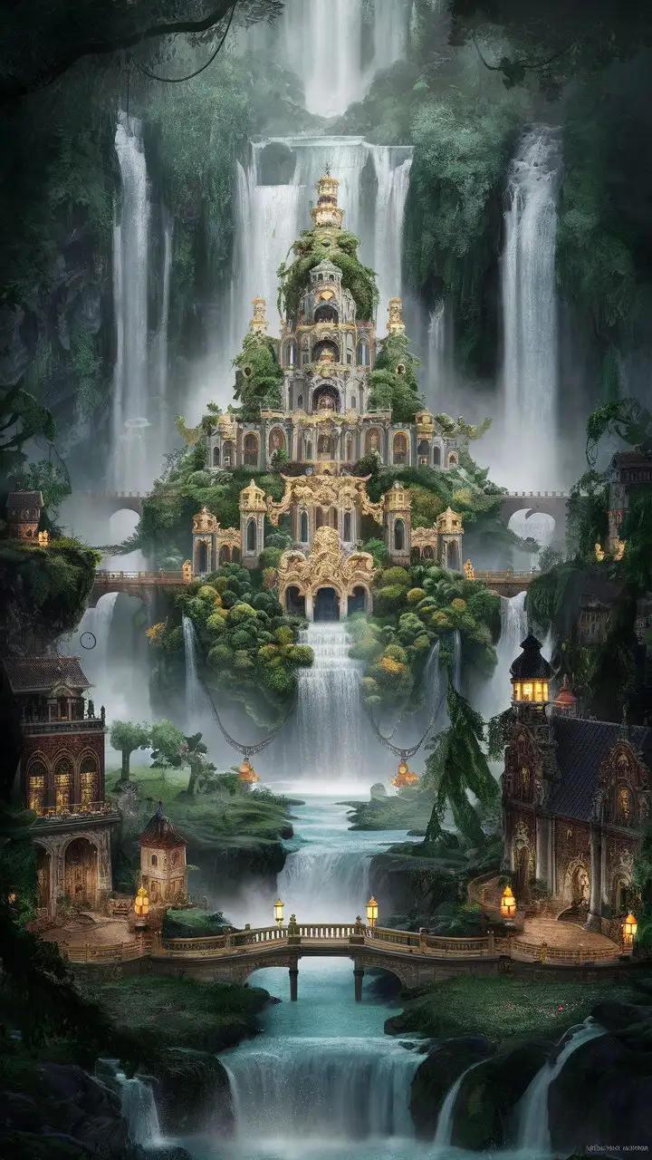 Enchanting Baroque Cityscape with Waterfall