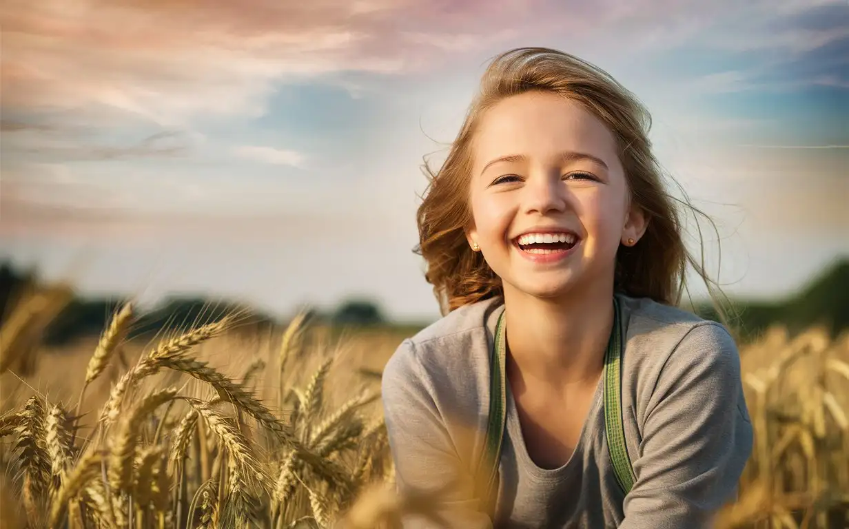 professional photo of young woman without makeup, she is happy. russian field of wheat on a background