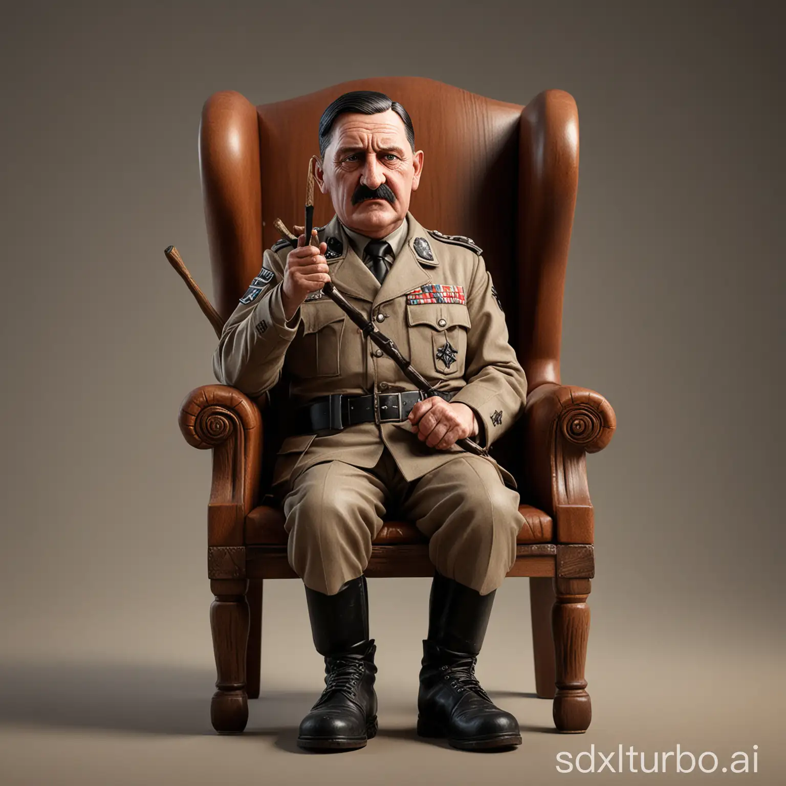3D caricature Adolf Hitler, a 60 year old man, is sitting relaxed in a classic wooden chair with a dark brown wing back, the texture of the wood is clear. Wearing a German military uniform, black boots. Sit with your legs crossed, your right hand holding a short wooden stick, your left hand placed on the edge of the chair. The background should contrast with the color of the chairs and clothes, thereby enhancing the overall composition of the picture. Use soft photographic lighting, dramatic overhead lighting, very high image quality, clear character details, UHD, 16k