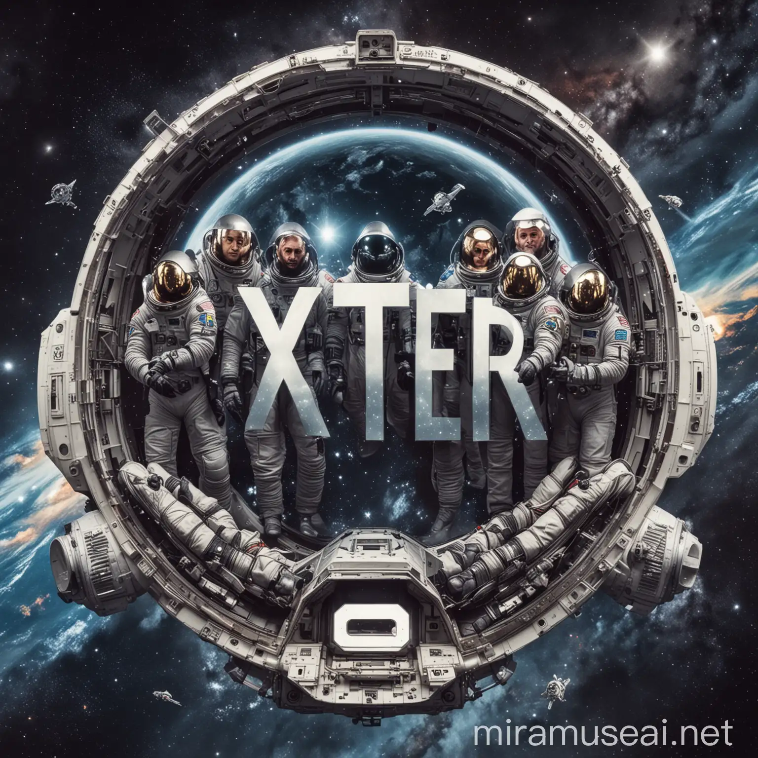 Create an image of people in space withe $XTER LOGO on the space ship
Let it show the space men