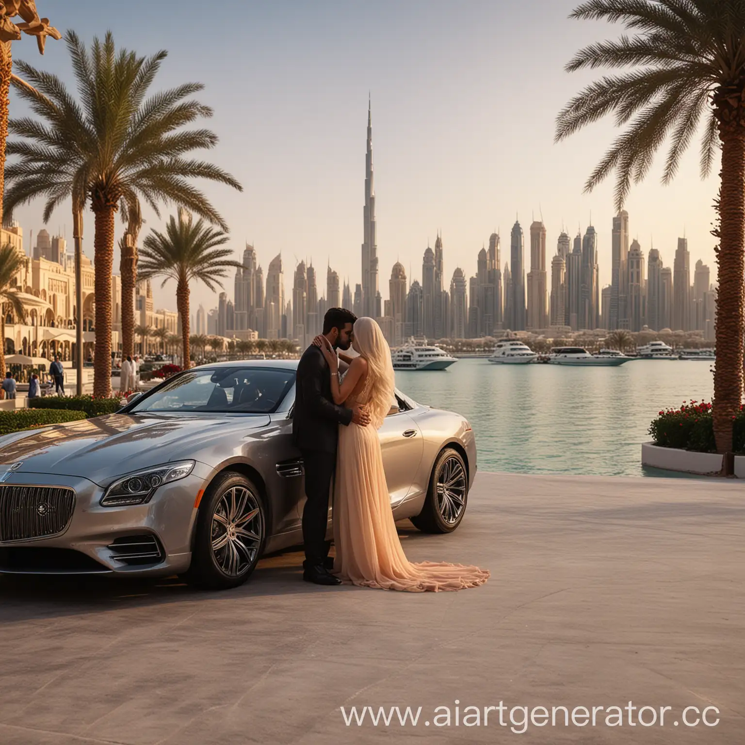 любовь в дубае, реалистичное изображение, на фоне дорогие авто, персидский залив