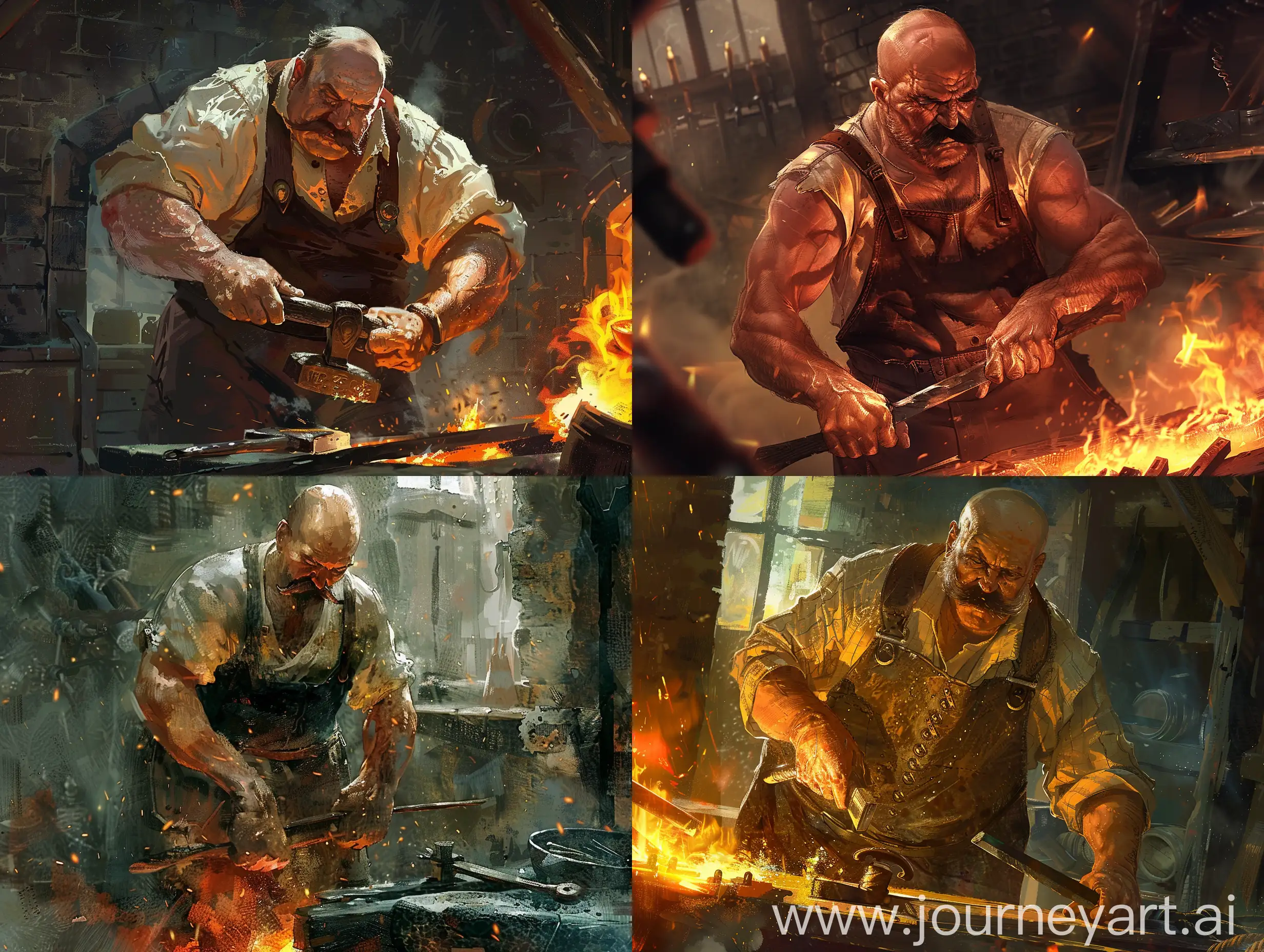 Create a vivid scene for an illustration featuring a 50-year-old blacksmith in the early 20th century, living in a rural European community. He is very strong and exceptionally large, wearing a leather apron and tight pants as he forges iron tools. The heat is palpable, with flames visible from his forge. He is bald with a stylish mustache and a ducktail goatee. Highlight his massive arms and enormous hands as he works, capturing the intensity and craftsmanship of his trade in the rustic setting.