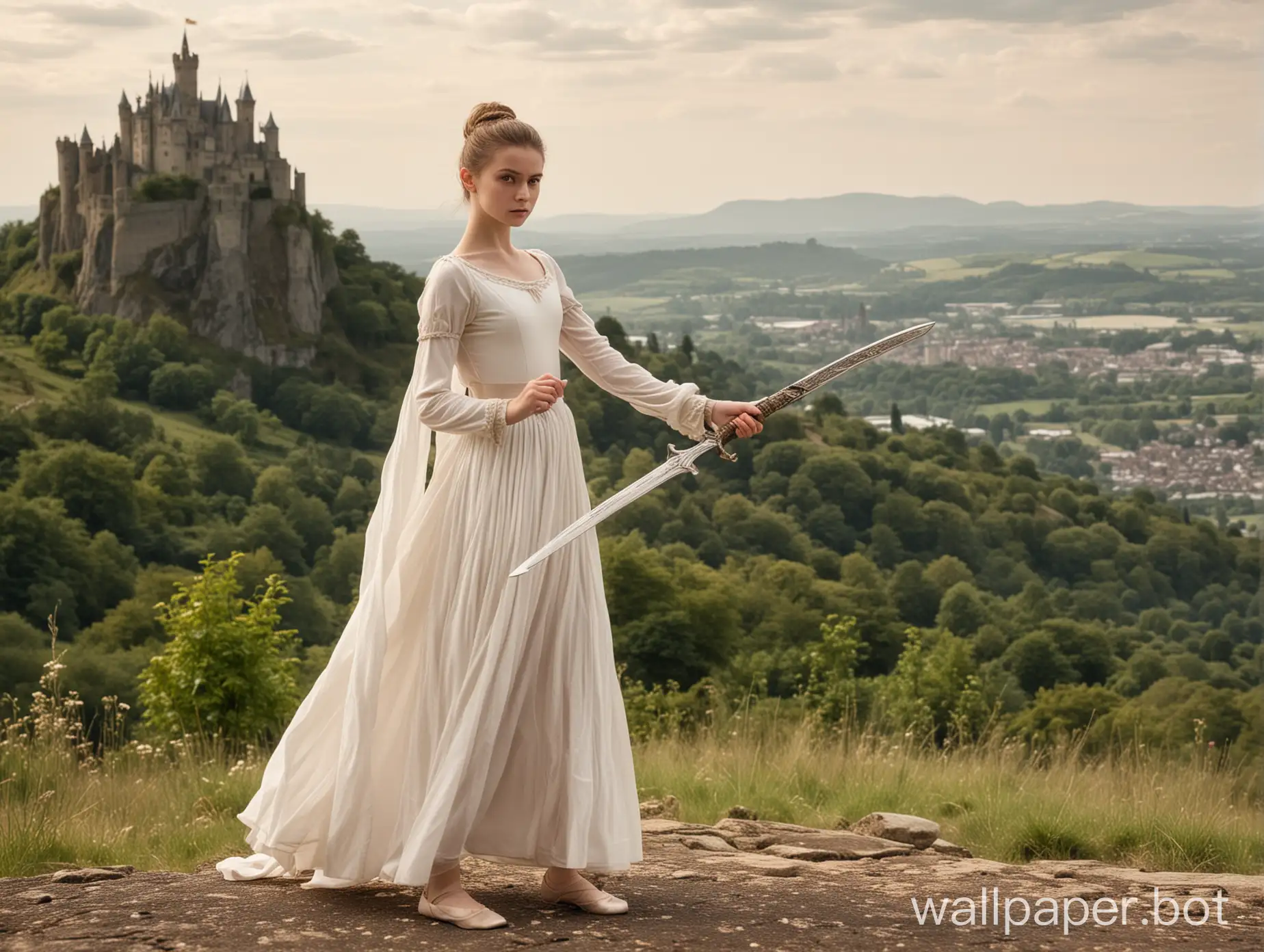 a Woman aged 25 in a long white gown, she is holding a sword. Standing beside her is a girl aged 10 in ballet attire and pointe shoes. There is a castle on a hilltop in the distance.