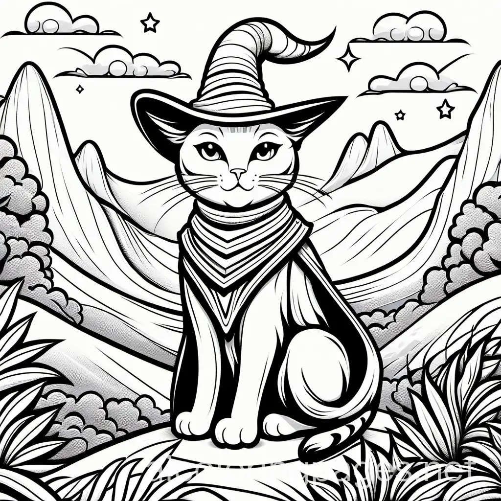 wizard cat, Coloring Page, black and white, line art, white background, Simplicity, Ample White Space. The background of the coloring page is plain white to make it easy for young children to color within the lines. The outlines of all the subjects are easy to distinguish, making it simple for kids to color without too much difficulty