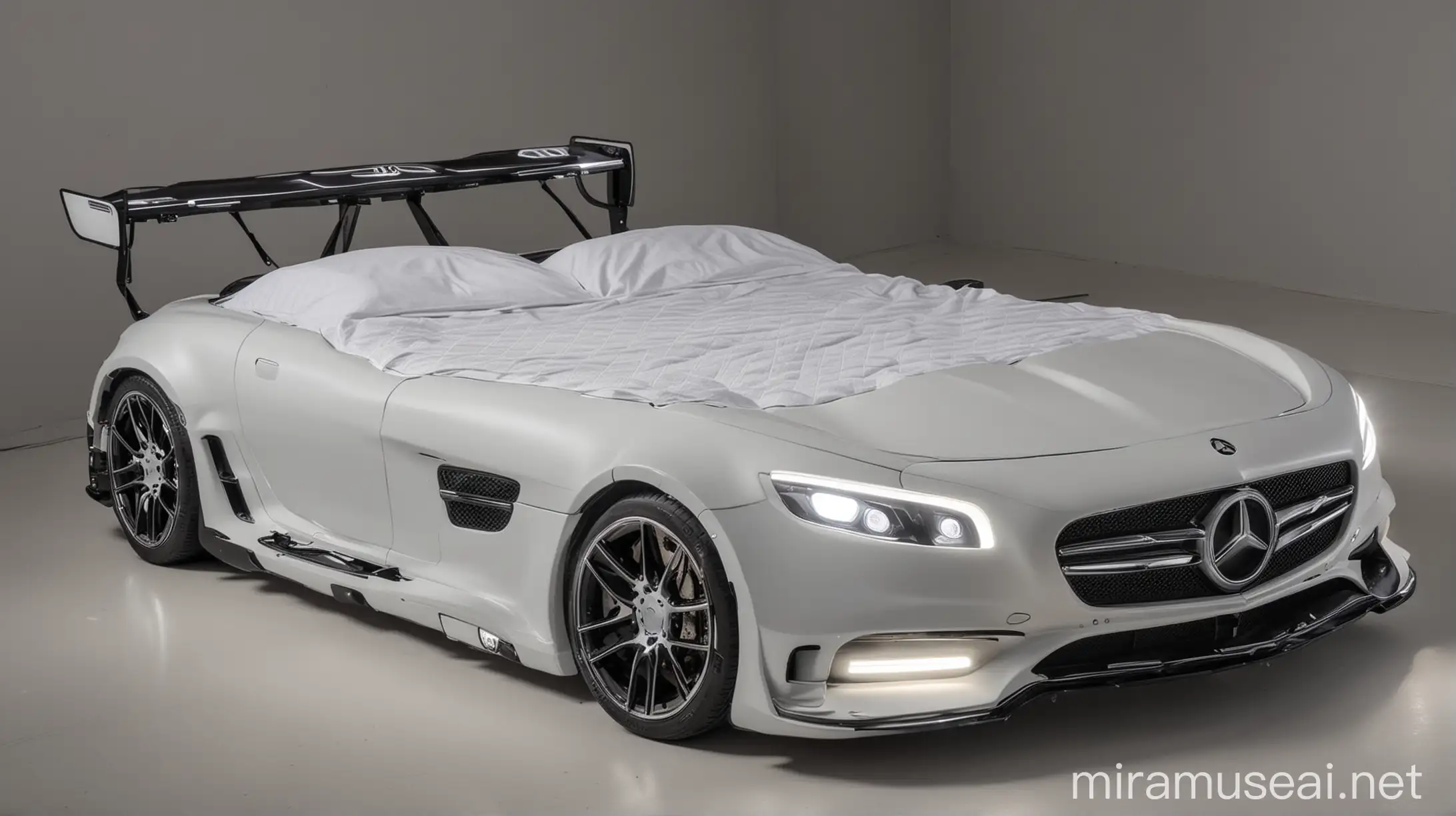 Luxurious Double Bed Shaped like MercedesAMG Car with Illuminated Headlights