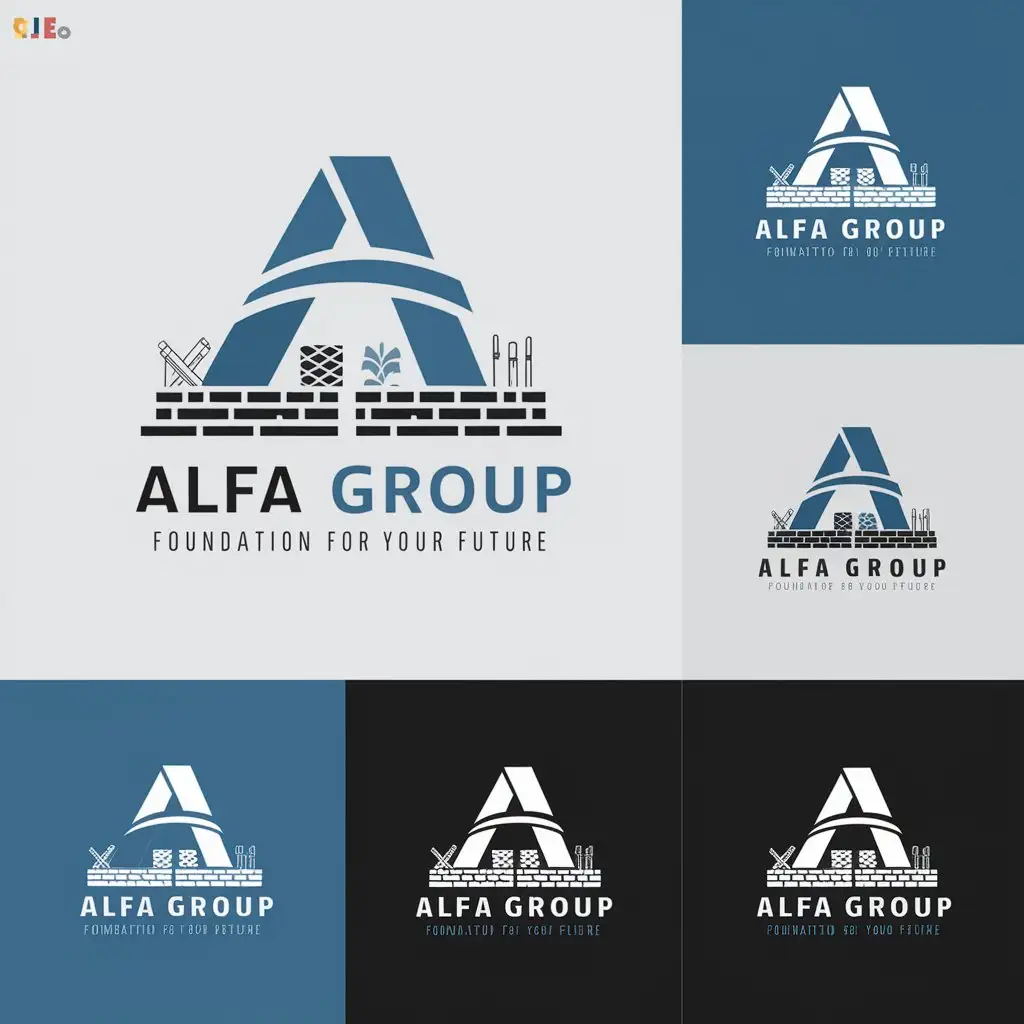 a logo design,with the text "ALFA GROUP Slogan: Foundation for Your Future", main symbol:Name: ALFA GROUPnSlogan: Foundation for Your FuturenIndustry: Construction (focus on masonry, concrete work, rebar tying)nDesign Requirements:nnDesign Style:nModernnProfessionalnTrustworthynColor Palette:nOpen to suggestionsnColors should convey stability and strengthnElements to Incorporate:nSymbols or elements related to construction, masonry, concrete work, or rebar tyingnFormats Needed:nMain logonVersions for different backgrounds (light and dark)nBlack and white versionnCMYK and RGB versionsnLogos in regular and landscape formatsnVarious file formats: .ai, .eps, .png, .jpg, .pdfnEvaluation Criteria:nOriginalitynRelevance to the industrynAestheticsnRecognizabilitynAdditional Notes:nThe logo should incorporate the company name 'ALFA GROUP' and the slogan 'Foundation for Your Future.'nEnsure the design conveys a sense of stability, strength, and reliability.nInclude any fonts used in the logo design.,Moderate,be used in Construction industry,clear background