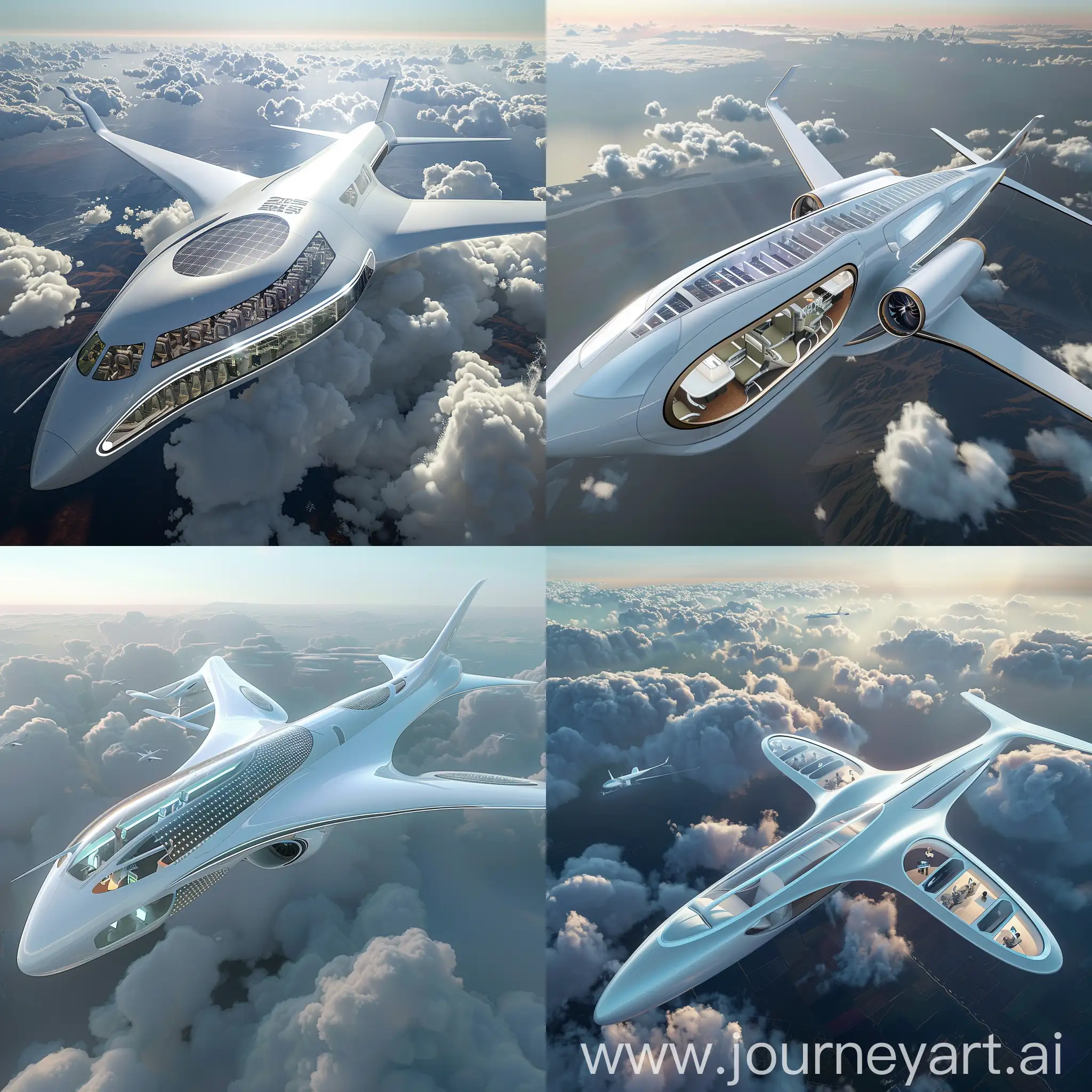 Futuristic passenger aircraft, in futuristic style, Smart Materials, Biometric Authentication, Augmented Reality (AR) Windows, Holographic Flight Attendants, Virtual Reality (VR) Entertainment Pods, Bioregenerative Air Filtration Systems, In-flight Health Monitoring, Dynamic Cabin Configurations, Silent Supersonic Travel, Artificial Intelligence (AI) Flight Assistants, Advanced Aerodynamics, Supersonic Propulsion Systems, Solar Panels, Adaptive Wing Morphing, Laser-Based Communication Systems, Active Noise Reduction, Advanced Radar and Sensor Systems, Self-Healing Skin, Electrochromic Windows, Drone Delivery Systems, Carbon Fiber Composites, Advanced Lightweight Seating, Thin-Film Solar Panels, 3D-Printed Components, Advanced Lightweight Galley Equipment:, Ultralight Insulation Materials, Thin-Layered Interior Finishes, Integrated Lightweight Cabin Systems, Carbon Nanotube Wiring, Flexible Interior Layouts, Composite Fuselage, Wingtip Winglets, Carbon Fiber Wing Structure, Titanium Landing Gear, Advanced Lightweight Engine Components, Flexible Solar Panel Arrays, Hybrid Composite Wingbox, Electrically Powered Flight Control Surfaces, Lightweight Anti-Icing Systems, Aerogel Insulation, unreal engine 5 --stylize 1000
