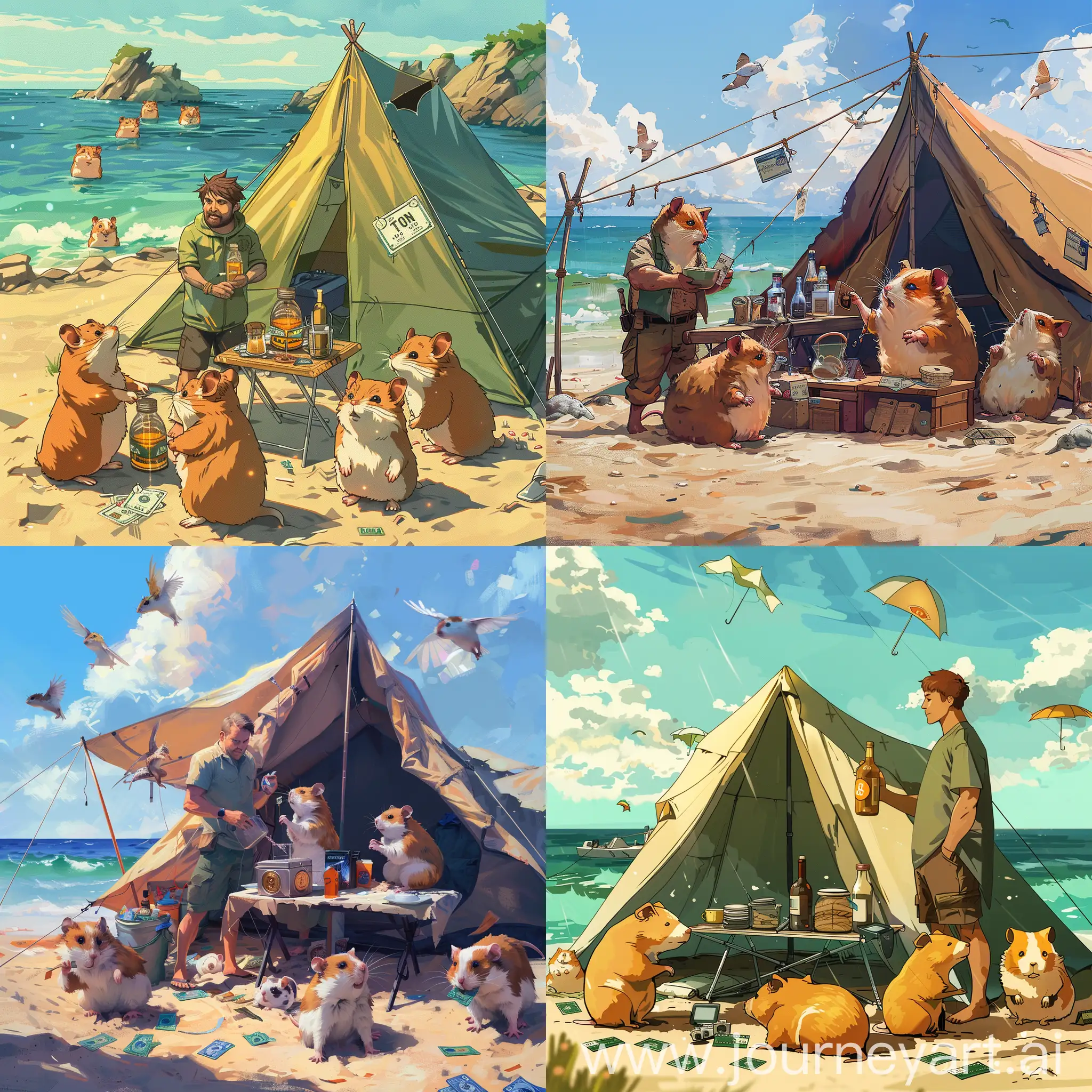 Man-Making-Homemade-Wine-on-the-Beach-with-Giant-Hamsters-and-Bank-Cards