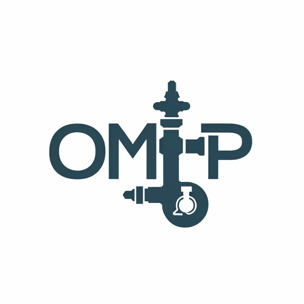 a logo design,with the text "omp", main symbol:pipe, valve, skey, iso, marine platform,Minimalistic,be used in Construction industry,clear background