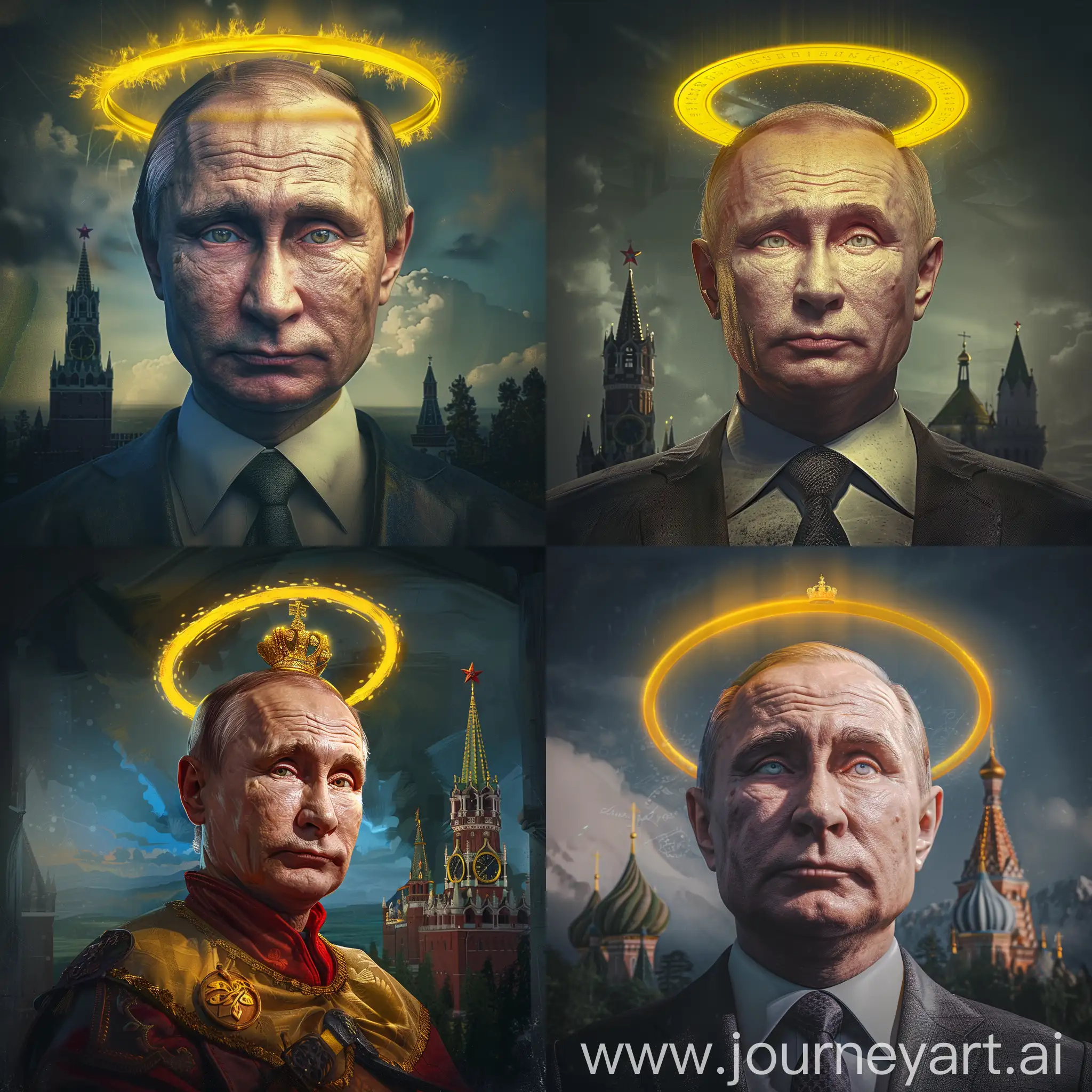 Владимир Путин в образе царя, над головой желтый нимб, задний фон замок, реалистично, крупный план, супер детализация, 8к, гипер реализм, профессиональное освещение, острый фокус, максимум деталей