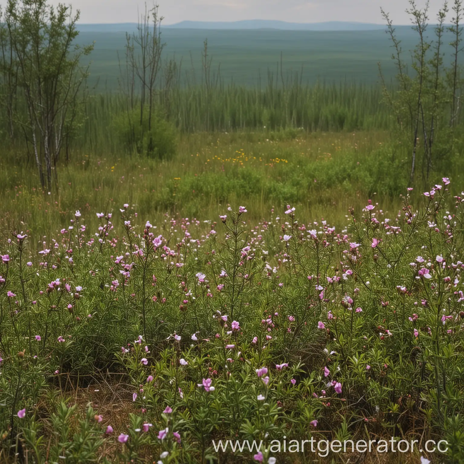 Mongolian-Steppe-Horse-Grazing-in-Birch-Forest-with-Bog-Rosemary-and-Thistle