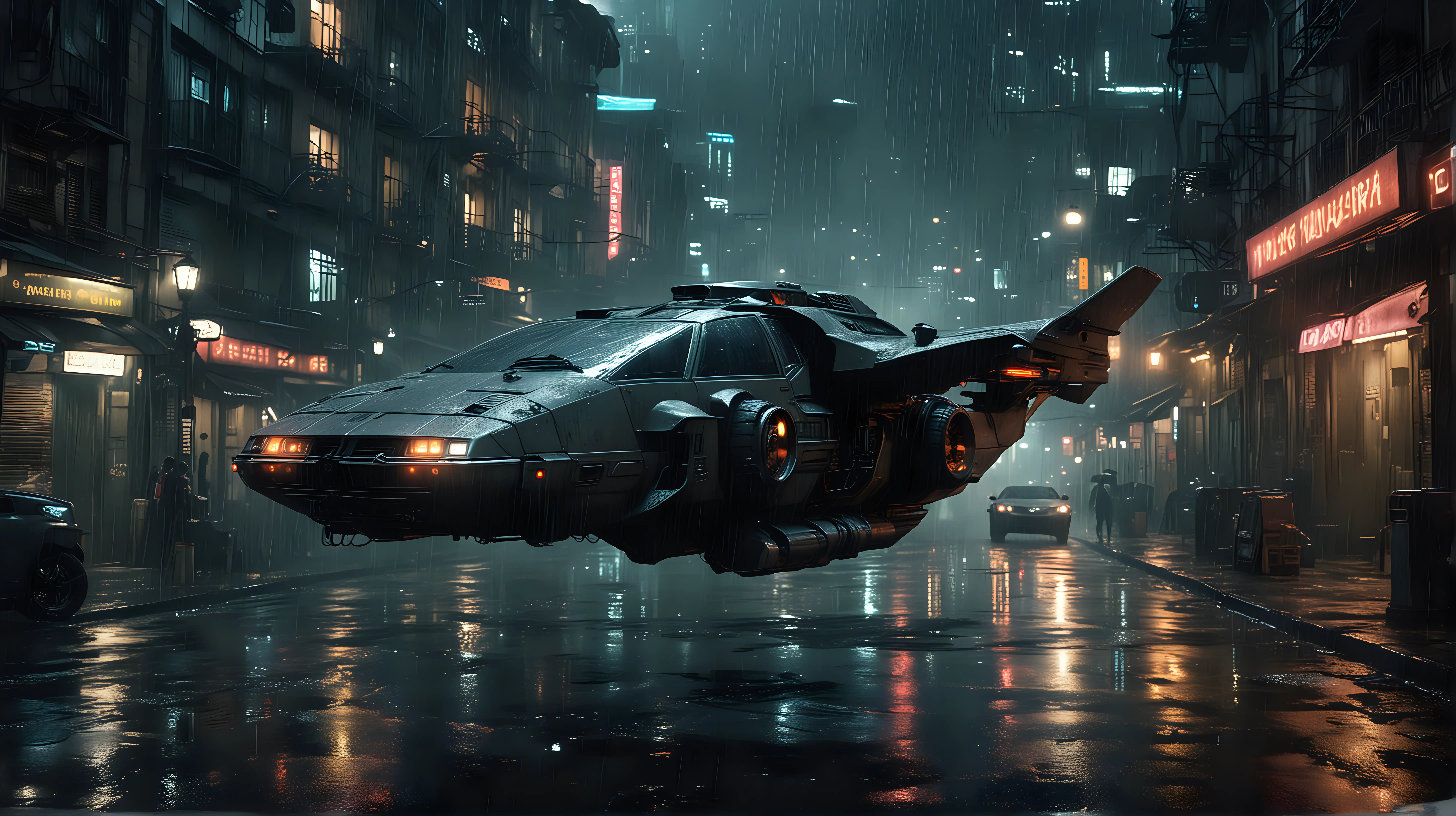 a flyimg car similar to that one from Blade Runner has landed in the wild street of a futuristic city, dark night , many lights, hard rain