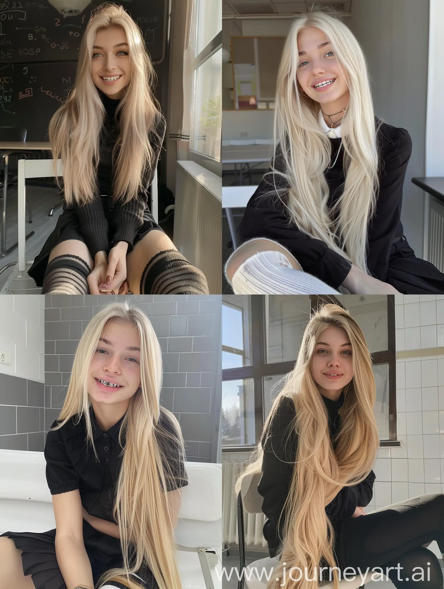 1 Ukrainian girl, long blond hair , 22 years old, influencer, beauty , in the school ,school black uniform , makeup, smiling, dental braces, chão view, sitting on chair , socks and boots, no effect, selfie , iphone selfie, no filters , iphone photo natural