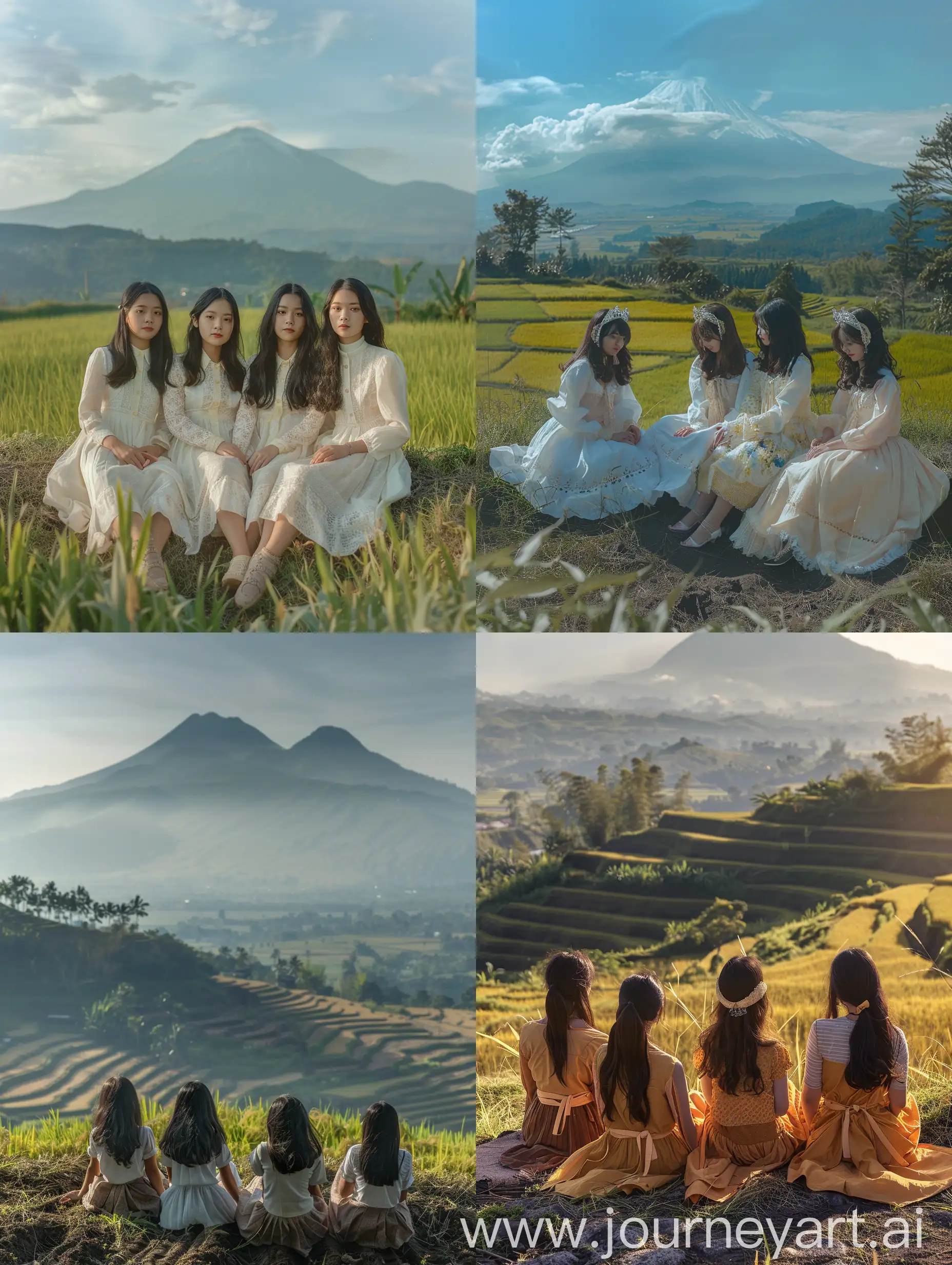 5 lima gadis cantik Korea berusia 25 tahun.Mereka berlima sedang duduk rapih diatas bukit. Dibelakangnya ada sawah dan gunung semeru bukit indah. Leica kamera. 8K HD. sangat detail.
