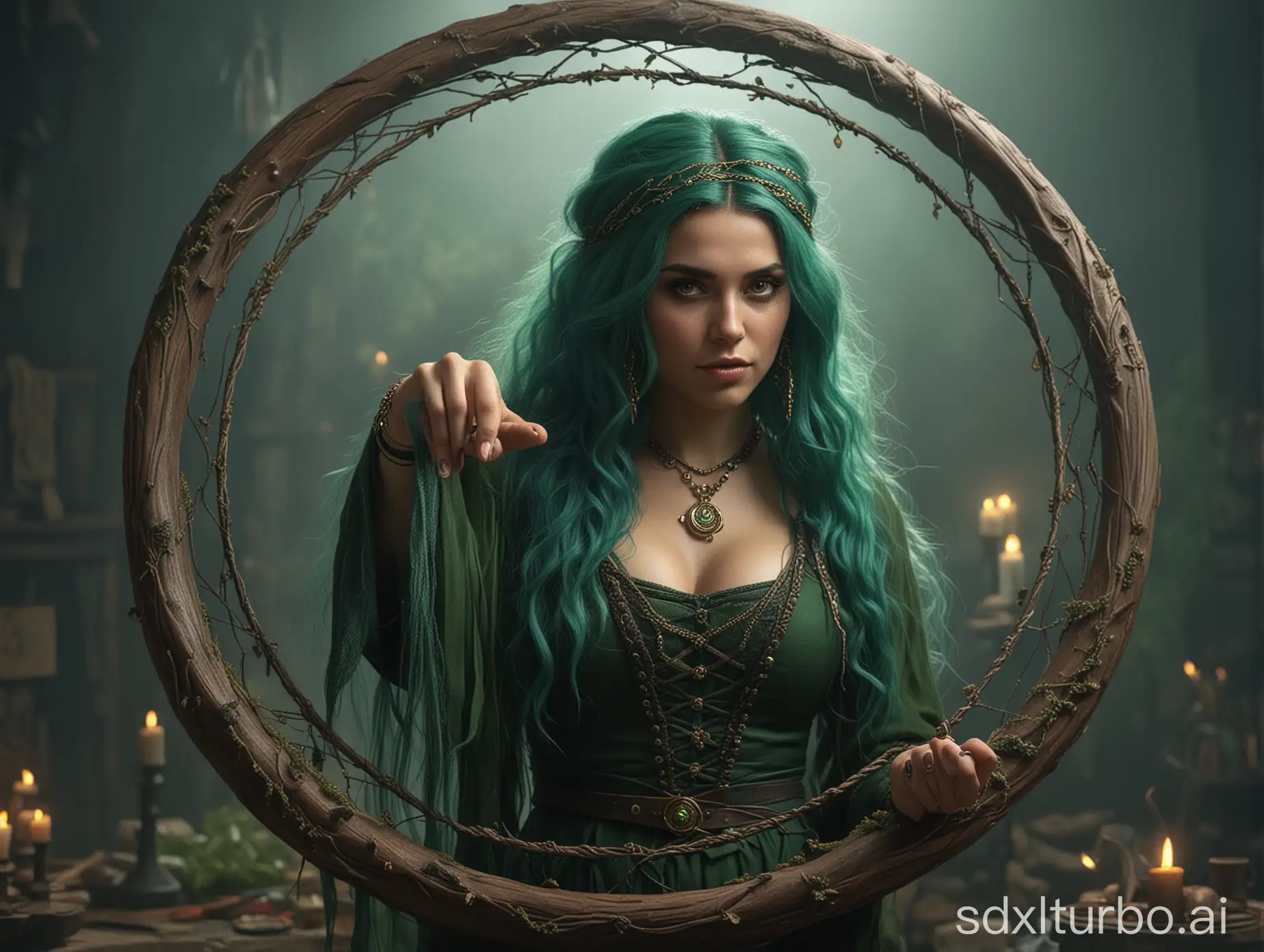 a medieval gypsy witch, with long green hair, in a magic circle, high quality, high resolution, high precision, realism, color correction, proper lighting settings, harmonious composition.,tempestmagic,Circle,Fantasy