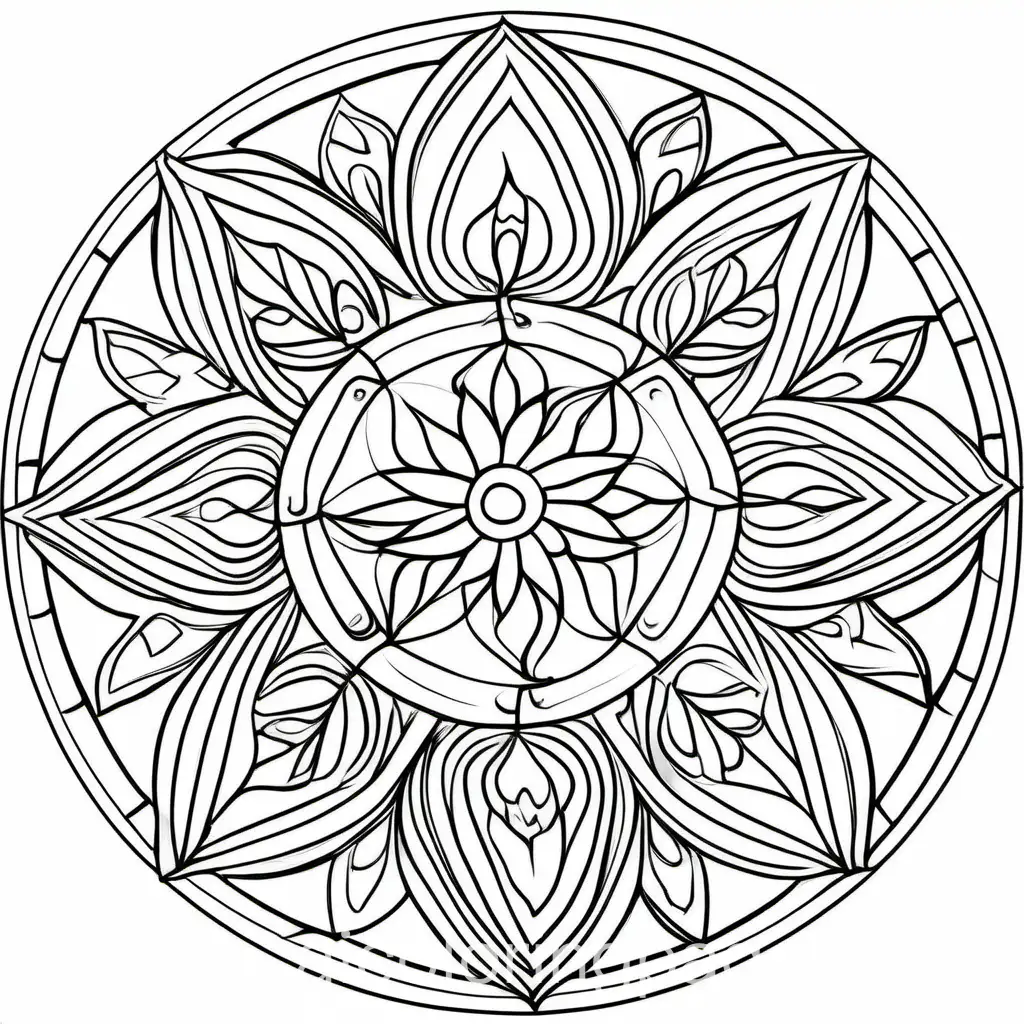 Inner Peace Mandala, Coloring Page, black and white, line art, white background, Simplicity, Ample White Space. The background of the coloring page is plain white to make it easy for young children to color within the lines. The outlines of all the subjects are easy to distinguish, making it simple for kids to color without too much difficulty