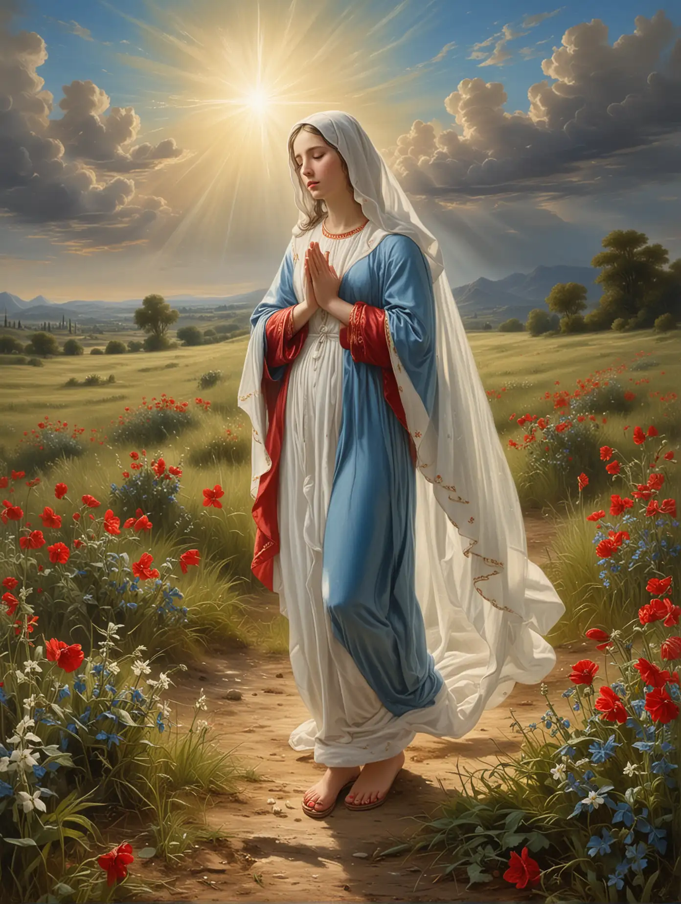 The painting depicts  the very young Holy Mary in profile looking with open eyes to her right praying and wearing sandals. The scene is set in an open field.
The central figure is the Virgin Mary who is  dressed in a loose white veil over a blue cloak over a red dress and sandals. the light is coming in from the sky behind her