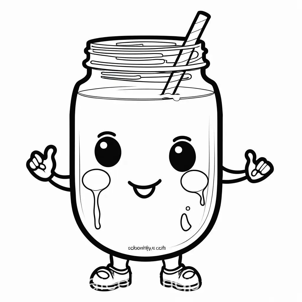 Create a friendly and chubby juice character with a smiling face, outline art, colouring page outline page with white, white background, sketch style, full body, only use outline, cartoon style, clean and clear and with beautiful eyes. Ensure is design minimalistic for easy colouring. The goal is to make it appealing and approachable for children aged 2-4 in the middle of their artistic journey, make it black and white., Coloring Page, black and white, line art, white background, Simplicity, Ample White Space.