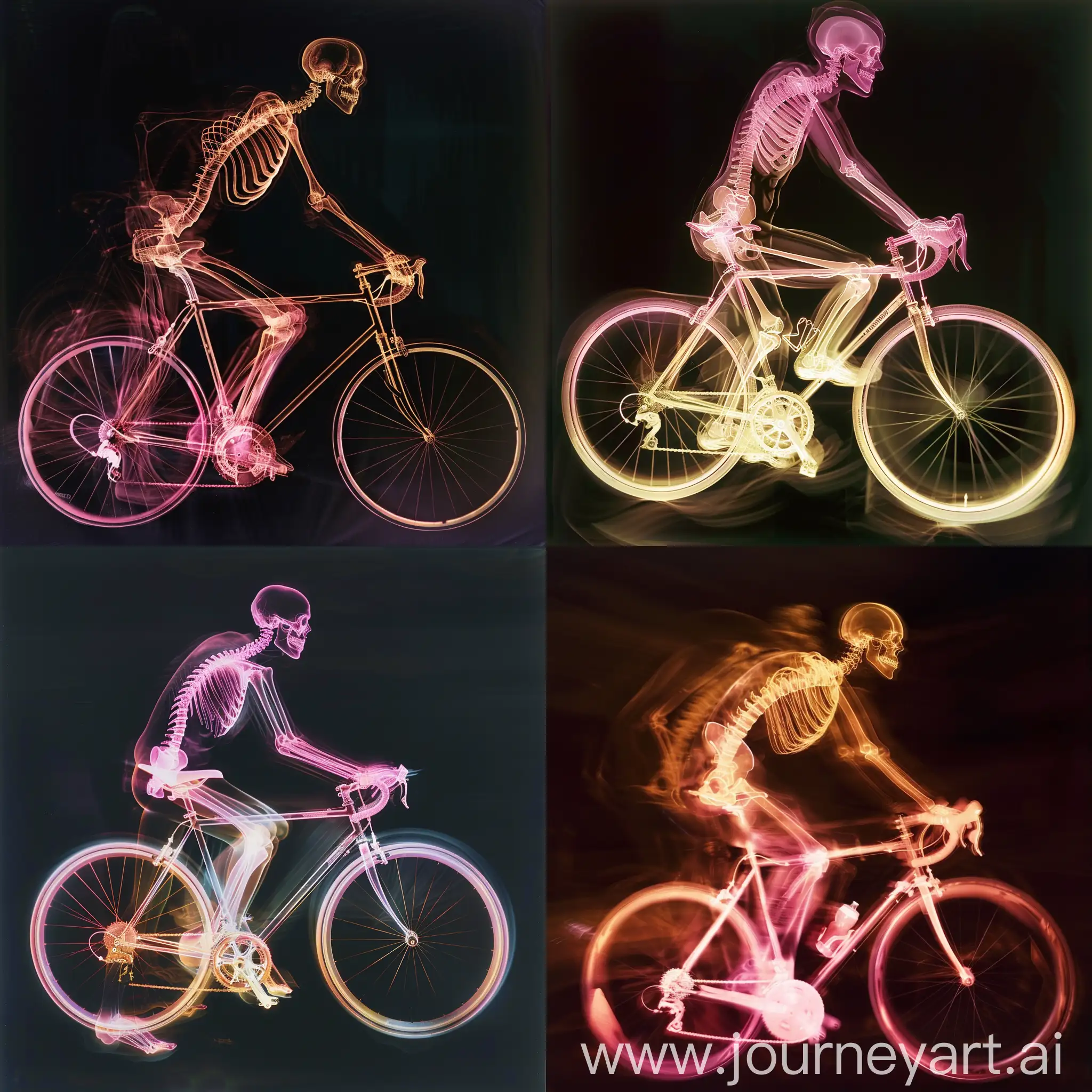 a portrait of a Bicycle, dark background, multiple exposure, xray art, golden pink body, skeleton anatomy is seen through clear skin, skeleton bones, low angle shot, by award winning photographer, pink lines, ethereal, fashion photography, medium shot, emotional face