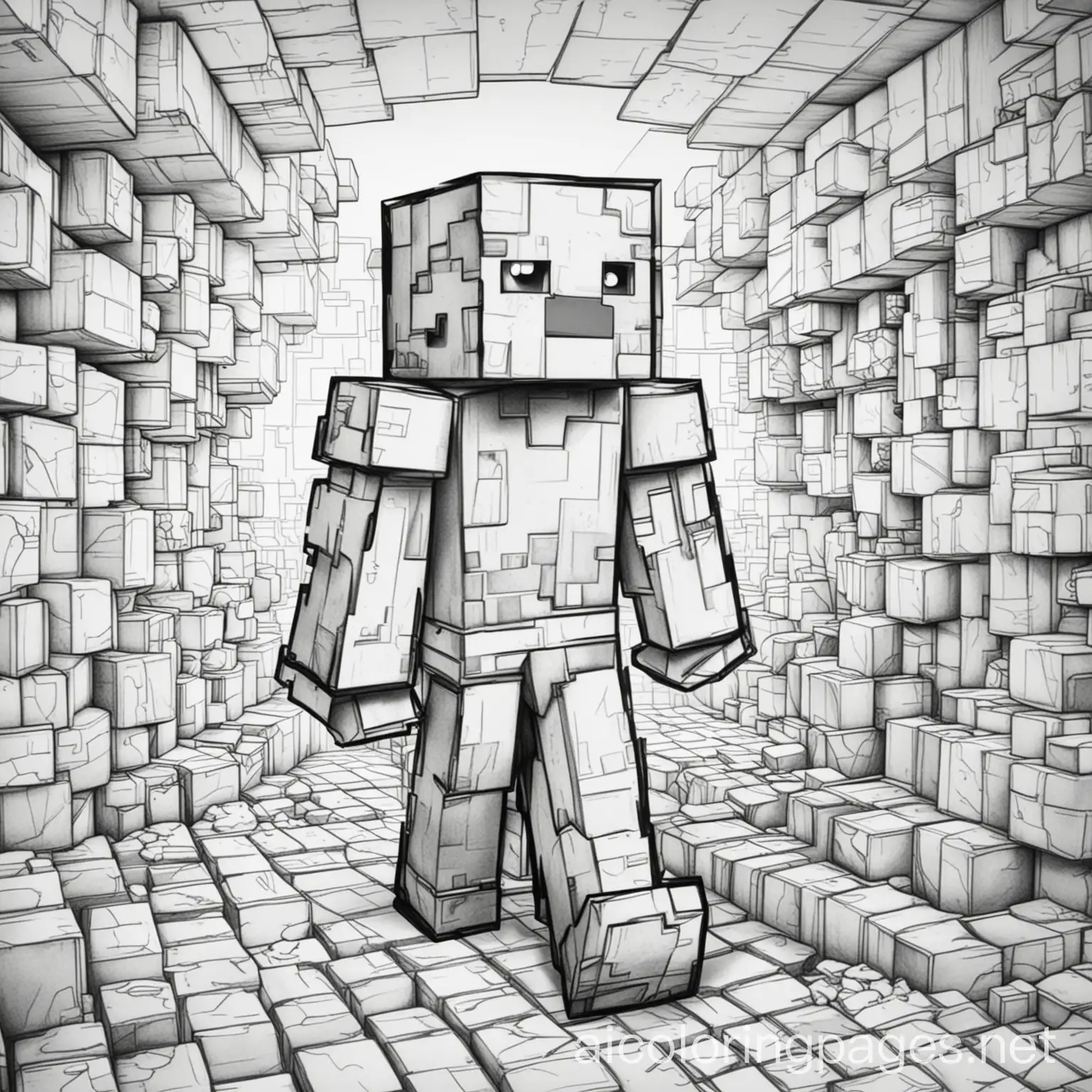 Minecraft, Coloring Page, black and white, line art, white background, Simplicity, Ample White Space. The background of the coloring page is plain white to make it easy for young children to color within the lines. The outlines of all the subjects are easy to distinguish, making it simple for kids to color without too much difficulty
