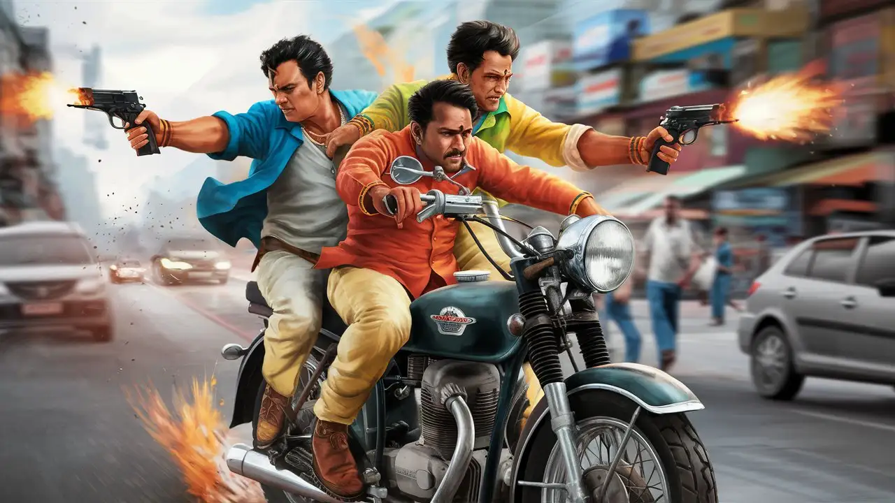 Three Indian men wear pant shirt riding a bike are firing, realistic
