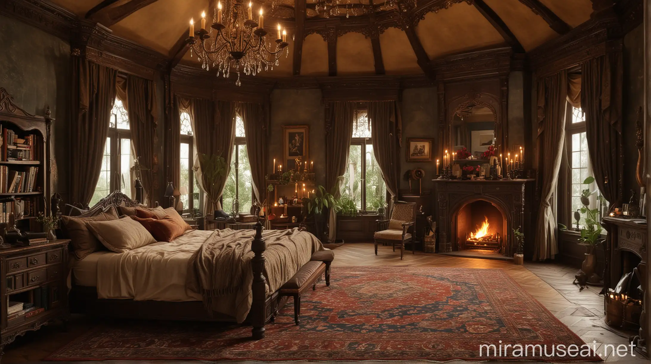 Opulent Gothic Bedroom with Fireplace and Plush Bed