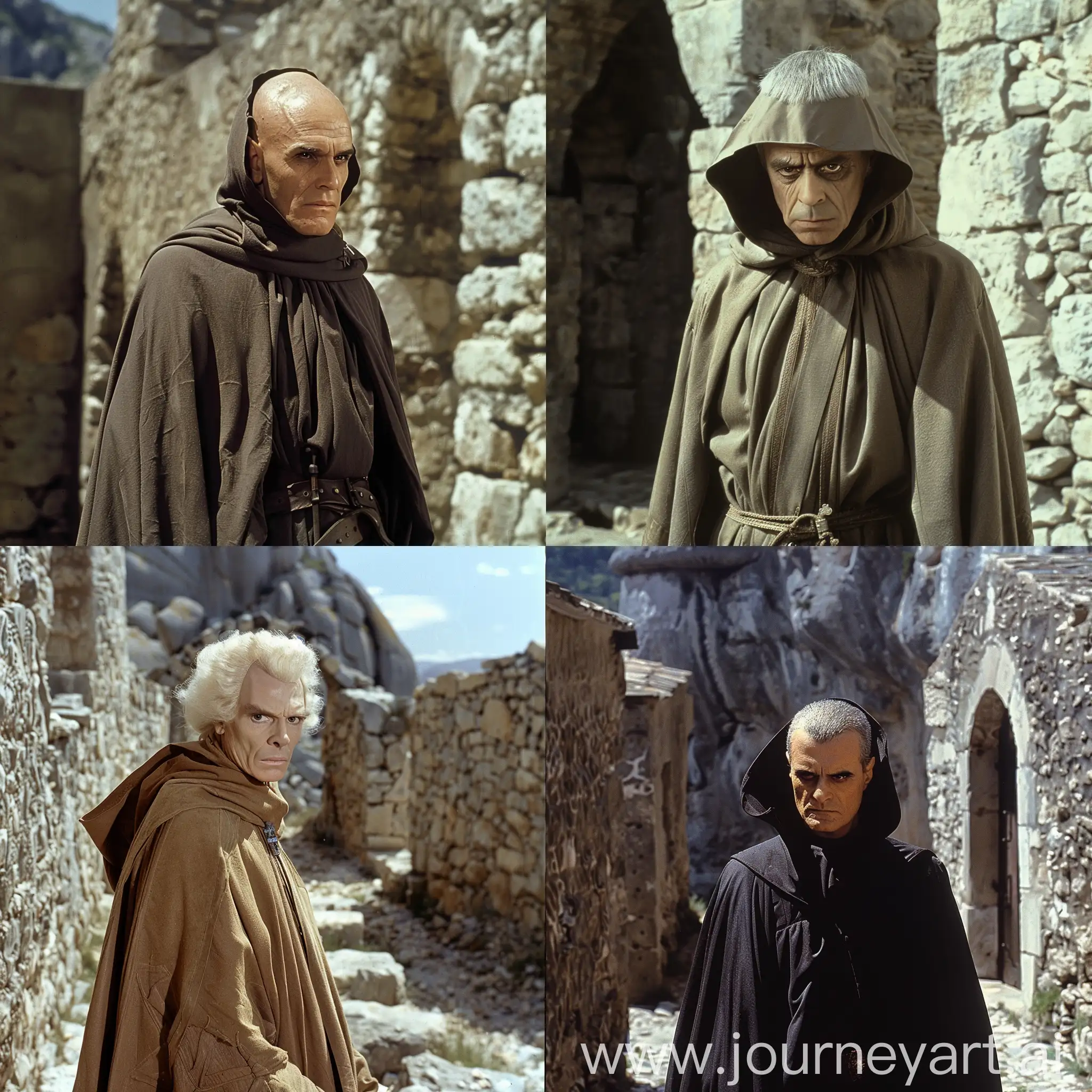 dvd screenengrabs character/High Inquisitor in a monastic robe and with a clinic hairstyle in the middle of stone walls 1980 style